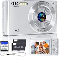Câmera digital, câmeras digitais 2025 4K 44 MP com foco automático para adolescentes, câmera de ponta prateada para crianças com zoom de 16X, cartão SD de 64 GB, compacta, pequena para meninos