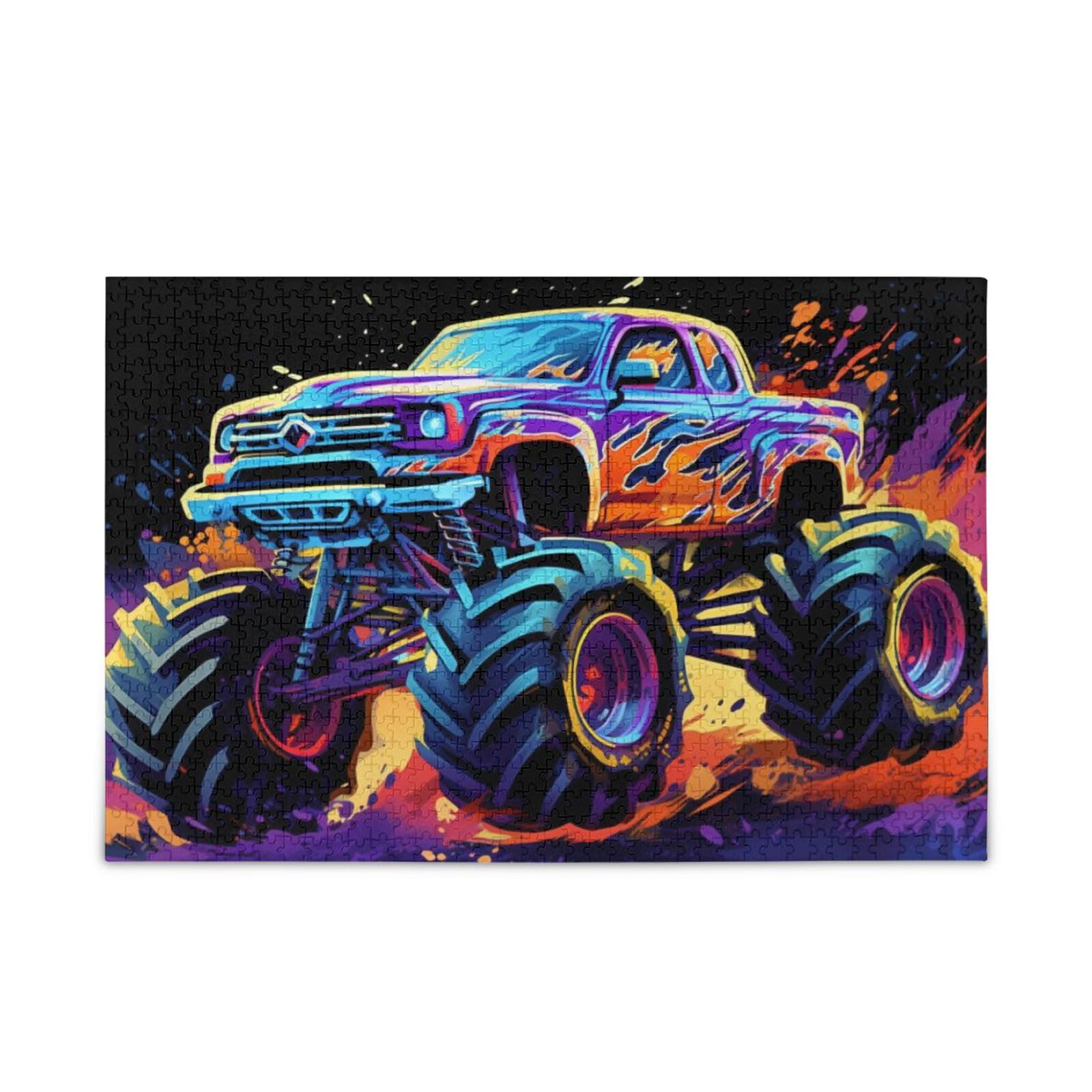 ZENWAWA Neon Monster Truck Jigsaw Puzzle, 500 Pieces Paper Wood Composite Material Zigsaw with Storage Bag and Reference Picture Easy to Solve