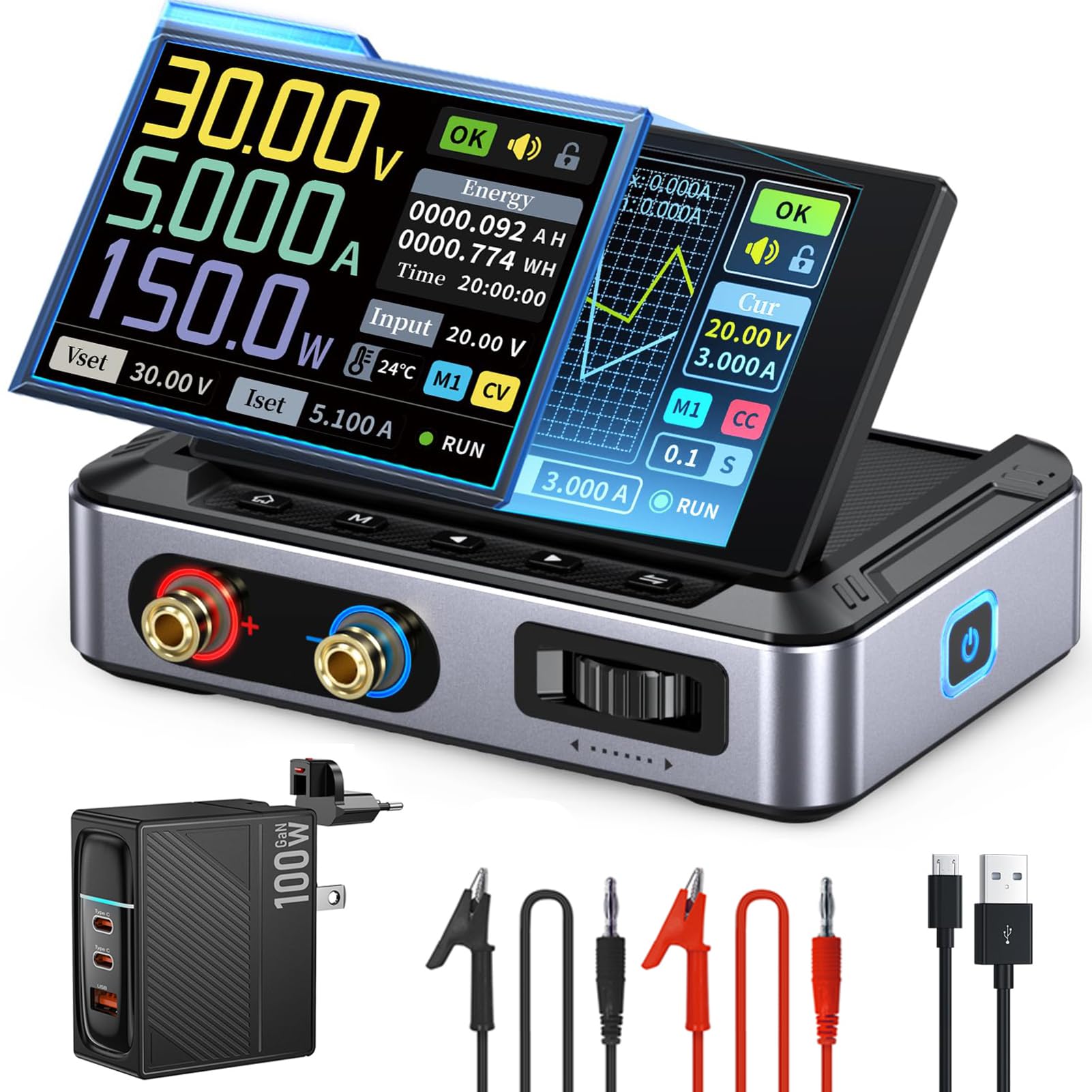Variables DC-Netzteil,DPS-150 CNC-Netzteil DC einstellbar von 30V 5A mit 4-stelligem IPS-Display Leistungswelle <20 mV PD/QC/DC-Eingang Programmierbares Schaltnetzteil vom PC