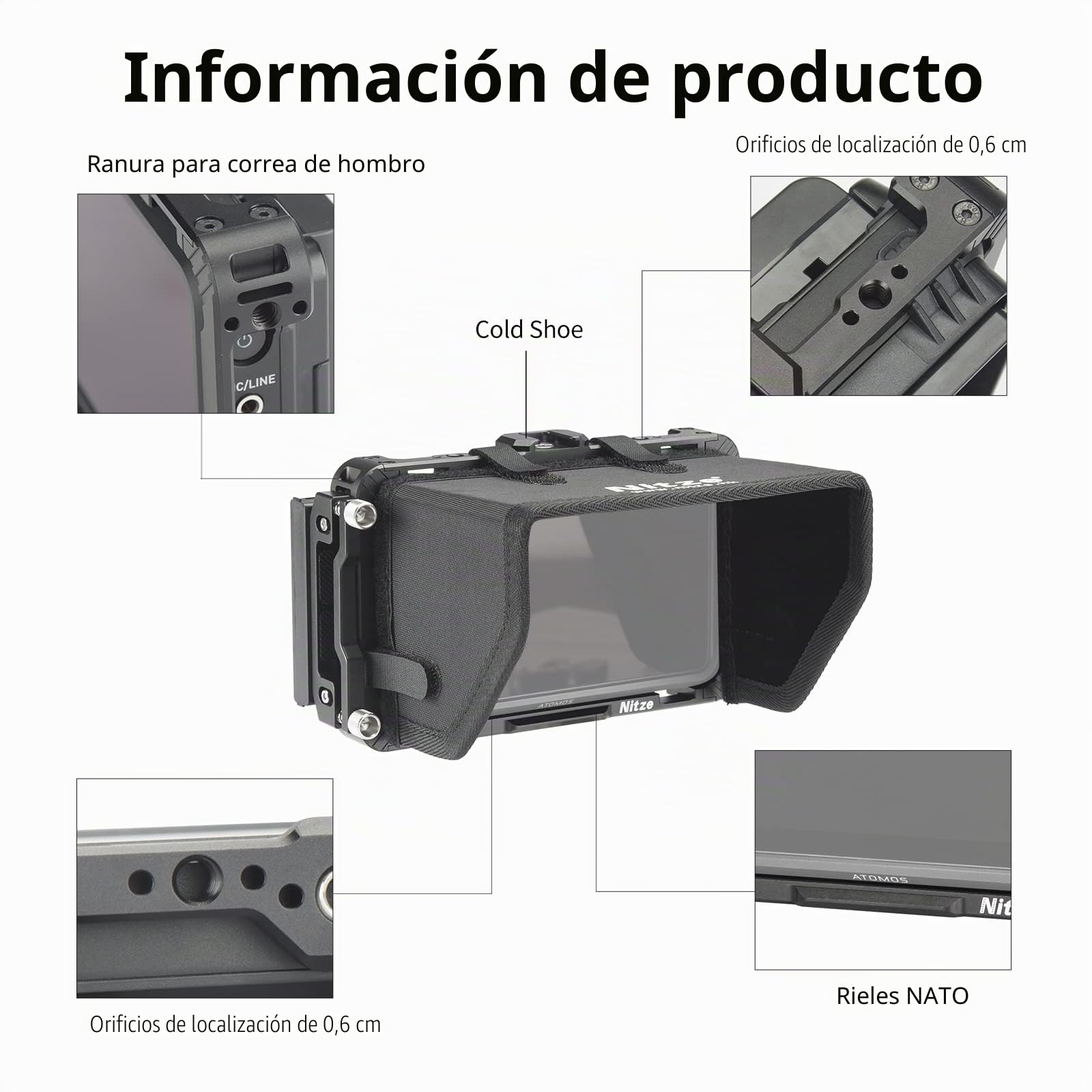 Nitze Kit de Jaula para Atomos Ninja V/Ninja V+/Ninja/Ninja Ultra/Zato Connect/Shinobi, Cage con Abrazadera de Cable HDMI y Parasol - JT-A02B