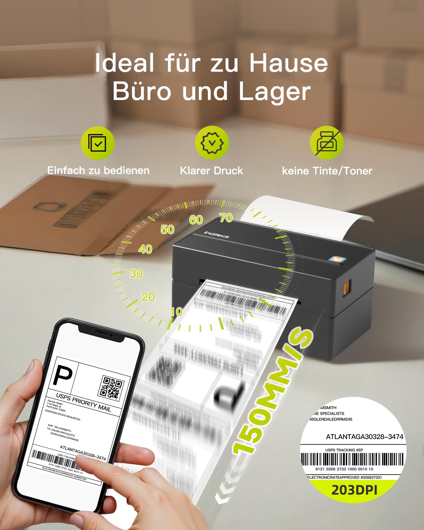 Inateck Mobile Thermo-Etiketten-drucker, Kabelloser 4x6 Versandetiketten Drucker für Versandpakete, Kompatibel mit iPhone, Android, iPad, Windows, MacOS, Chrome, USPS, Schwarz