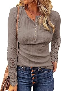 Sponsored Ad - Kancystore Women's Long Sleeve Tops Lace V Neck Button Down Henley Shirts Blouses