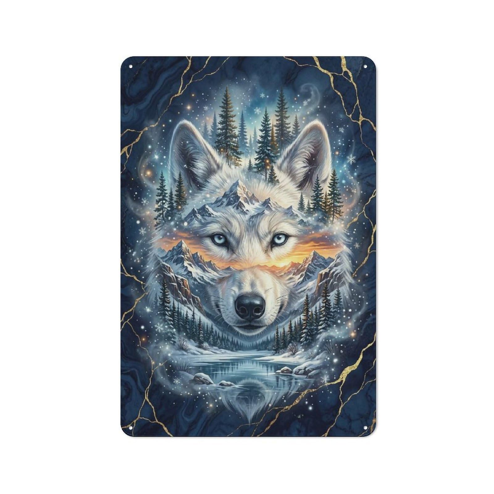 Tin Wall Plaque 30x20cm with Wolf Spirit Landscape for Hallway Wall, Suited to Wall Displays in Hallways And Entrance Areas