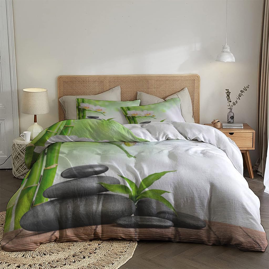 NIBAINLO 布団カバー禅石と蘭の花 肌に優しい ピーチスキン加工 掛け布団カバー 和式 洋式 あったか 布団カバーセット リバーシブル ホームステイ ホテル 家庭兼用