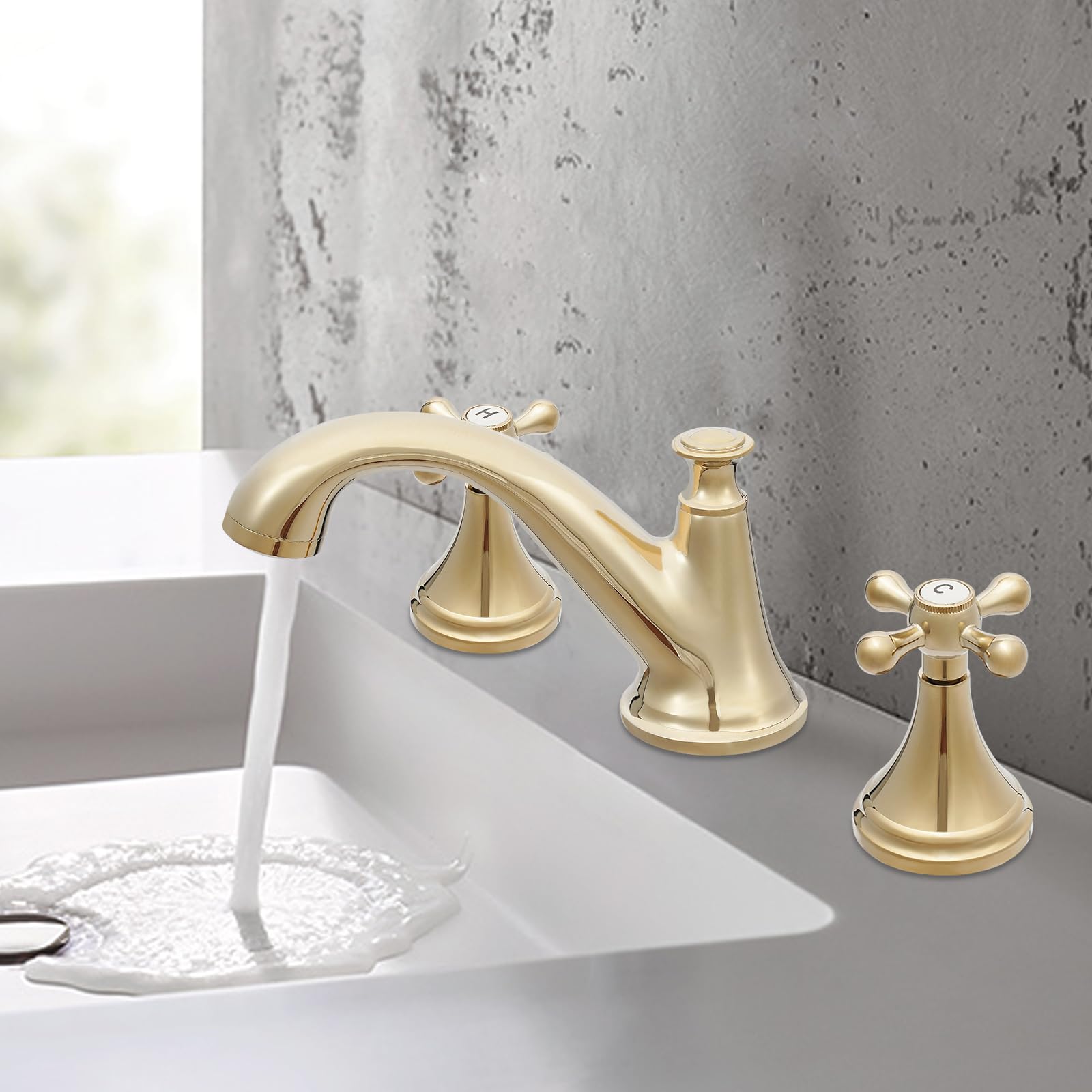 Bagno tre fori doppia apertura e chiusura lavabo rubinetto retrò oro, ottone rubinetto lavabo acqua calda e fredda, per bagno, cucine, lavelli in ceramica