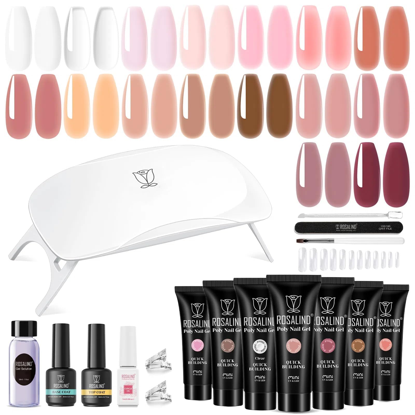 ROSALIND Acrygel Kit Complet, 16 Couleurs 10 ml Gel pour Extension d’Ongle Avec Lampe UV, Base & Top Coat et Outils de Manucure, Gel Construction Ongle UV Set de démarrage pour DIY Nail Art