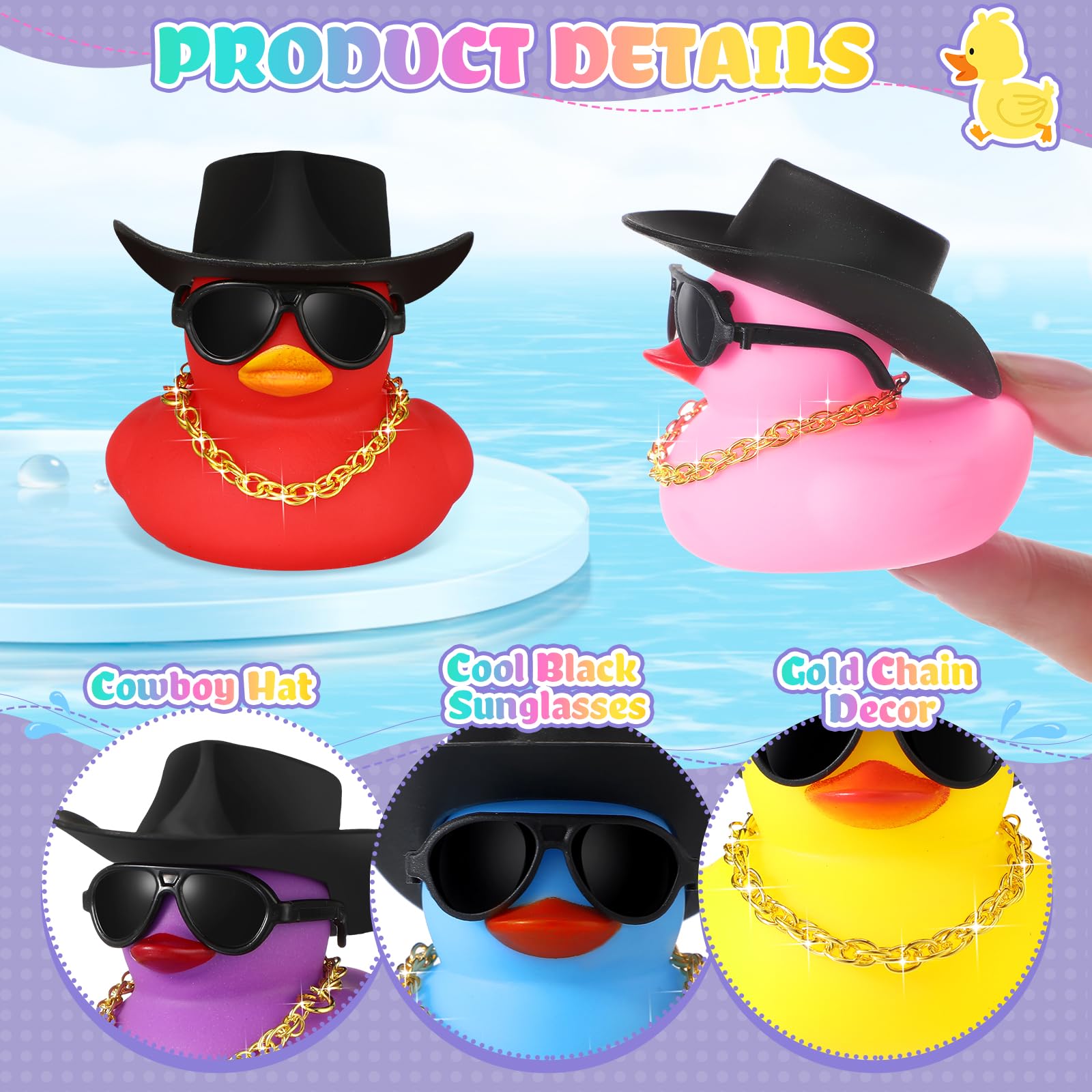 Sotiff 48 Sets Cowgirl Rubber Duck Squeaky Duck Bath Party Toy Duckies Car Dashboard Decorations with Mini Necklace Hat and Sunglasses for Bathtub Baby Shower Birthday Swimming Party(Cute Color)