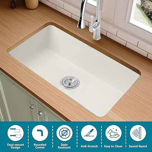 Miniatura 10 de Fregadero de cocina blanco de montaje inferior, fregadero de cocina blanco de 31 pulgadas, fregadero de cocina de 31 × 18 de un solo cuenco,