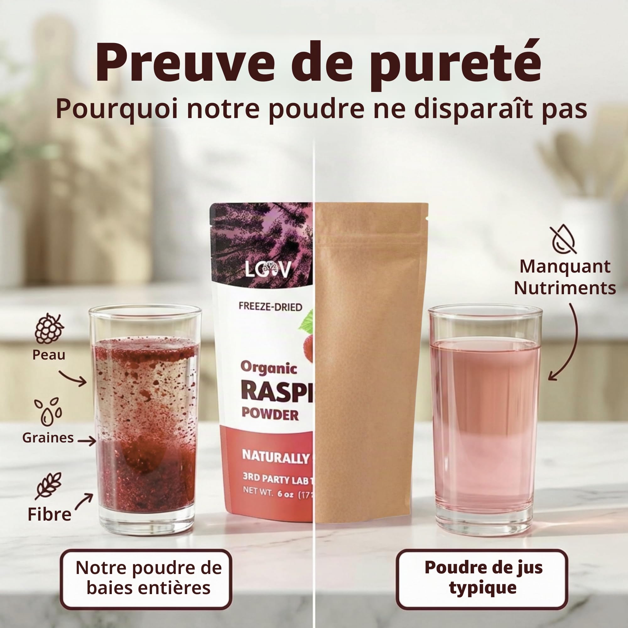 Poudre de framboise bio LOOV, produite à 100% de framboises entières, Framboises lyophilisées et réduites en poudre, 170 g, crue, produite en Europe, portions pour 24 jours, aucun sucre ajouté