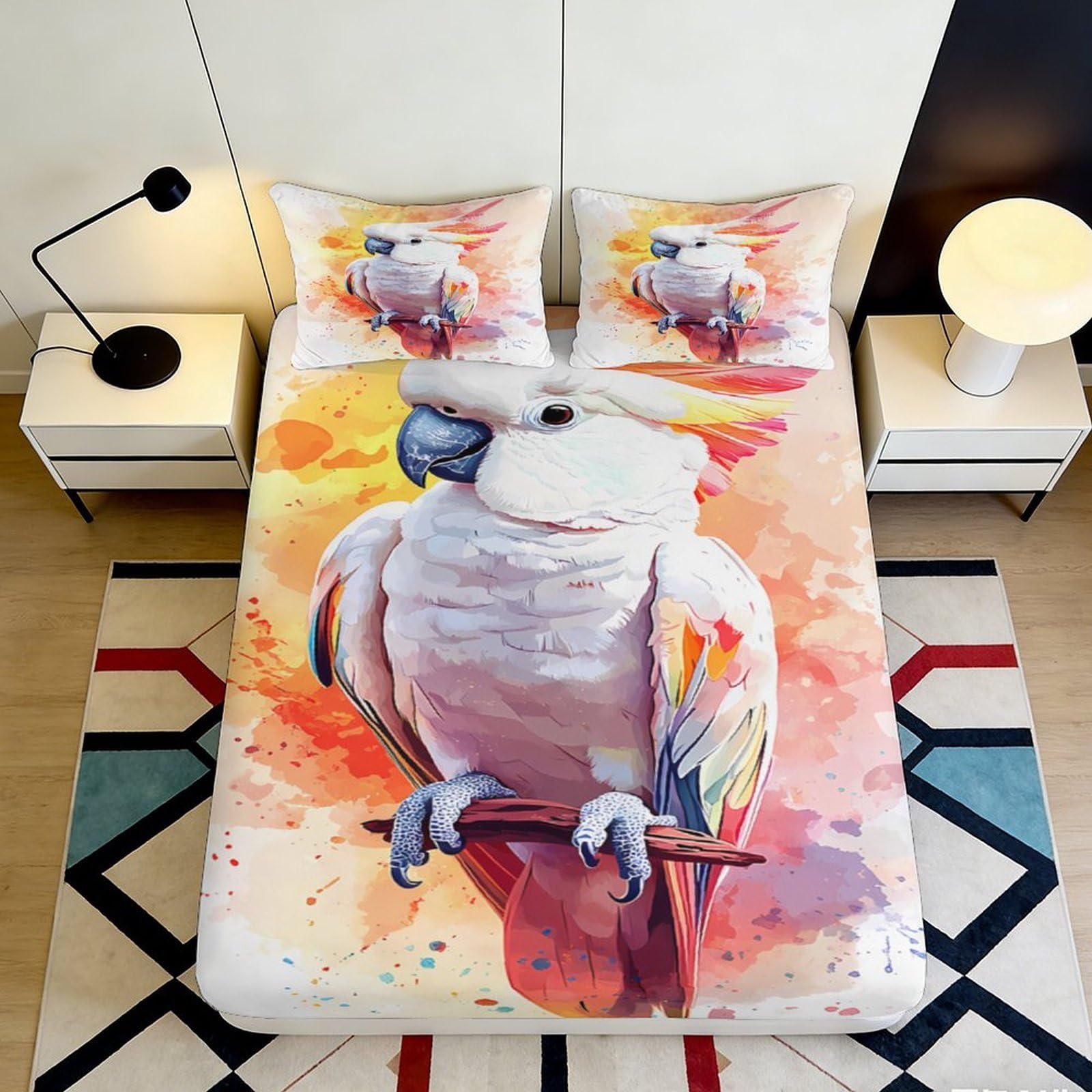 3D Printed Parrot Art Fitted Sheet Microfiber Soft Vibrant Bird Mattress Cover for Bedroom Guest Room Decor 90x200x25cm