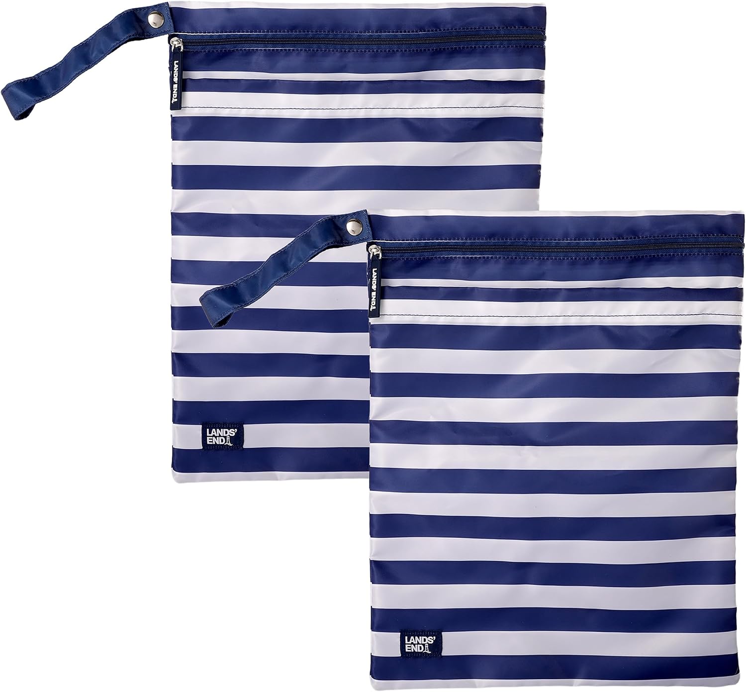 Lands' End Wet Bags for Travel 2-Piece Set | Polyester Canvas Wet Dry Bag for Swimsuits, Wet Clothes, and More (Navy Stripe)