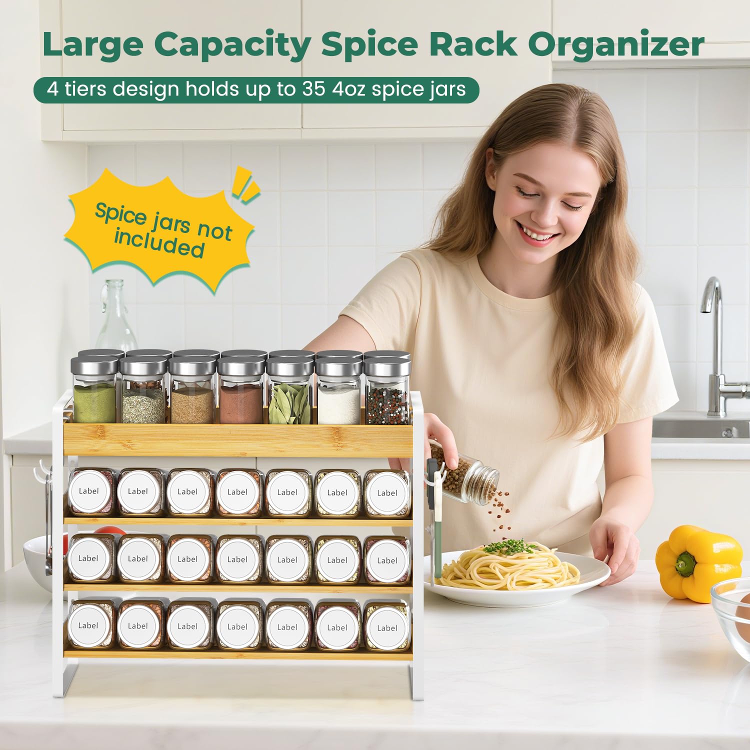 Organizador de condimentos para especias para encimera de cocina, 4 niveles de bambú para especias con 4 ganchos, soporte independiente montado en la pared para despensa, bambú blanco 2