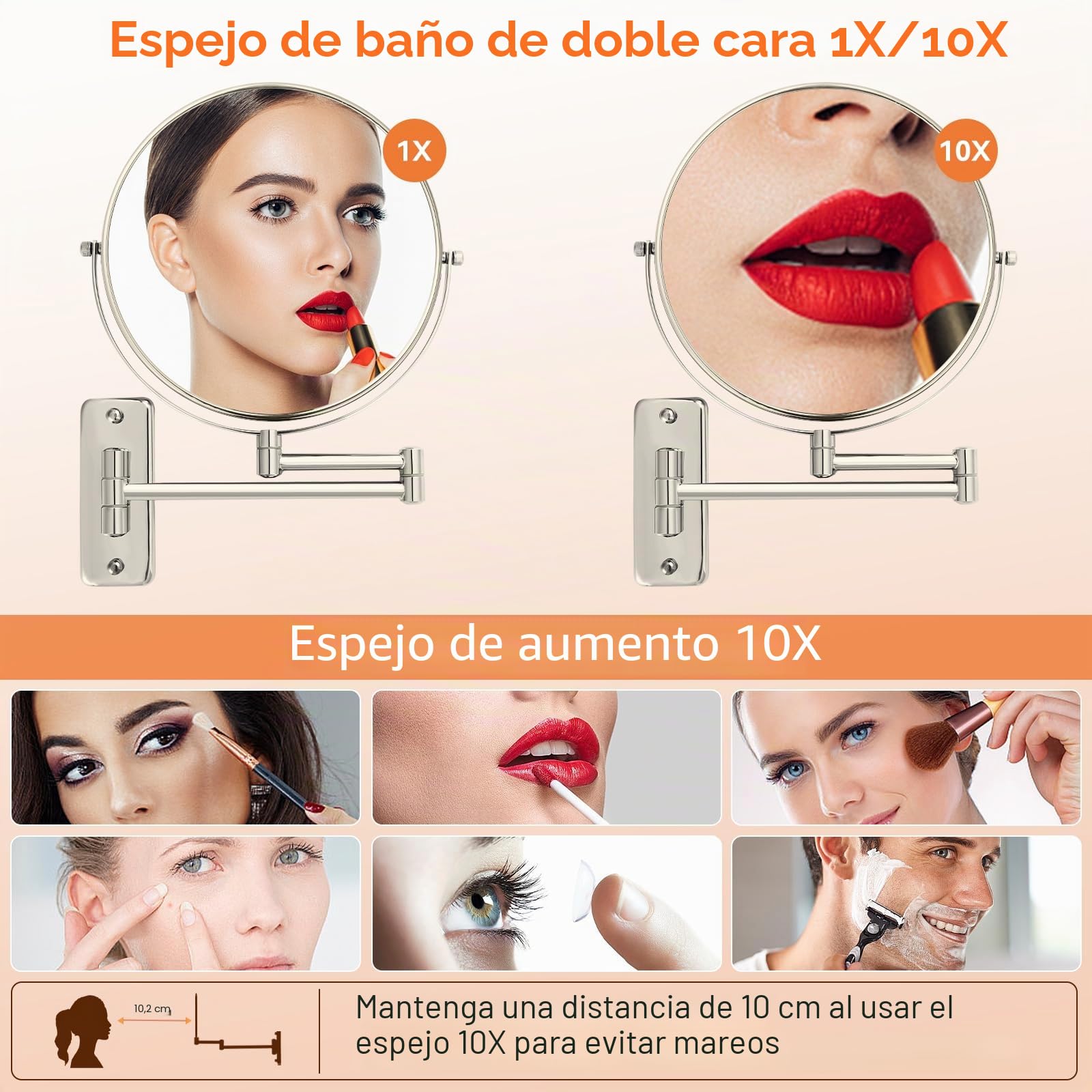 Espejo de baño extensible de 8 pulgadas con aumento de 1X/10X, giratorio de 360° de doble cara y espejo de afeitado, acabado de níquel (sin luz)