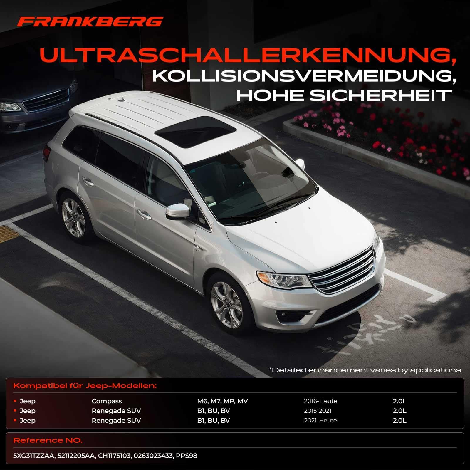 Frankberg 4 x czujnik parkowania z przodu, z tyłu, kompatybilny z Compass M6, M7, MP, MV 2,0 l, 2016-2024, Renegade SUV B1 BU BV 2.0L 2015-2024, zamiennik # 52112205AA