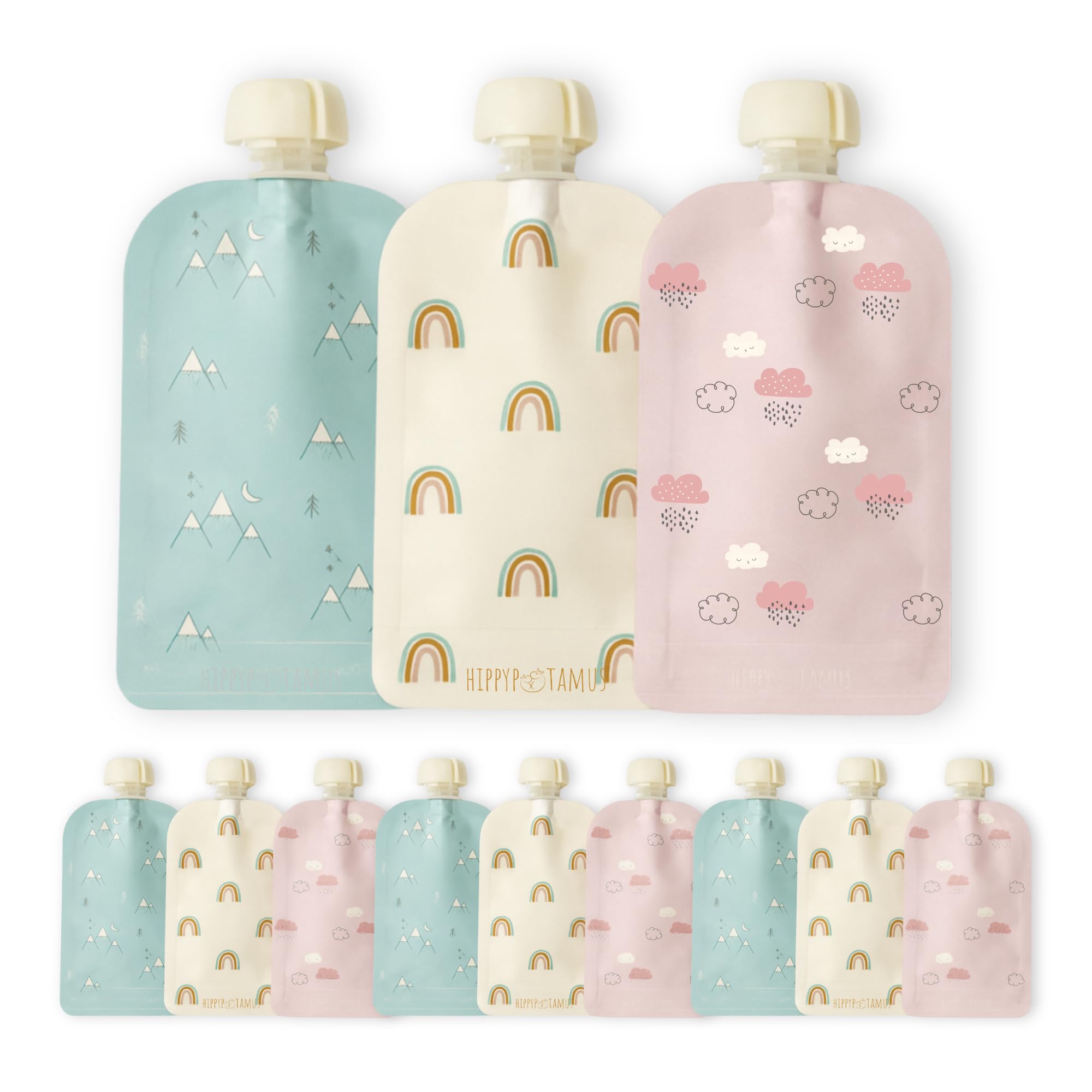 Hippypotamus Reusable Baby Food Pouches - 12 Pack - Baby Food Storage - Pouches Toddler - Refillable Squeeze Pouch for Kids (SAGE/Blush/Nude)