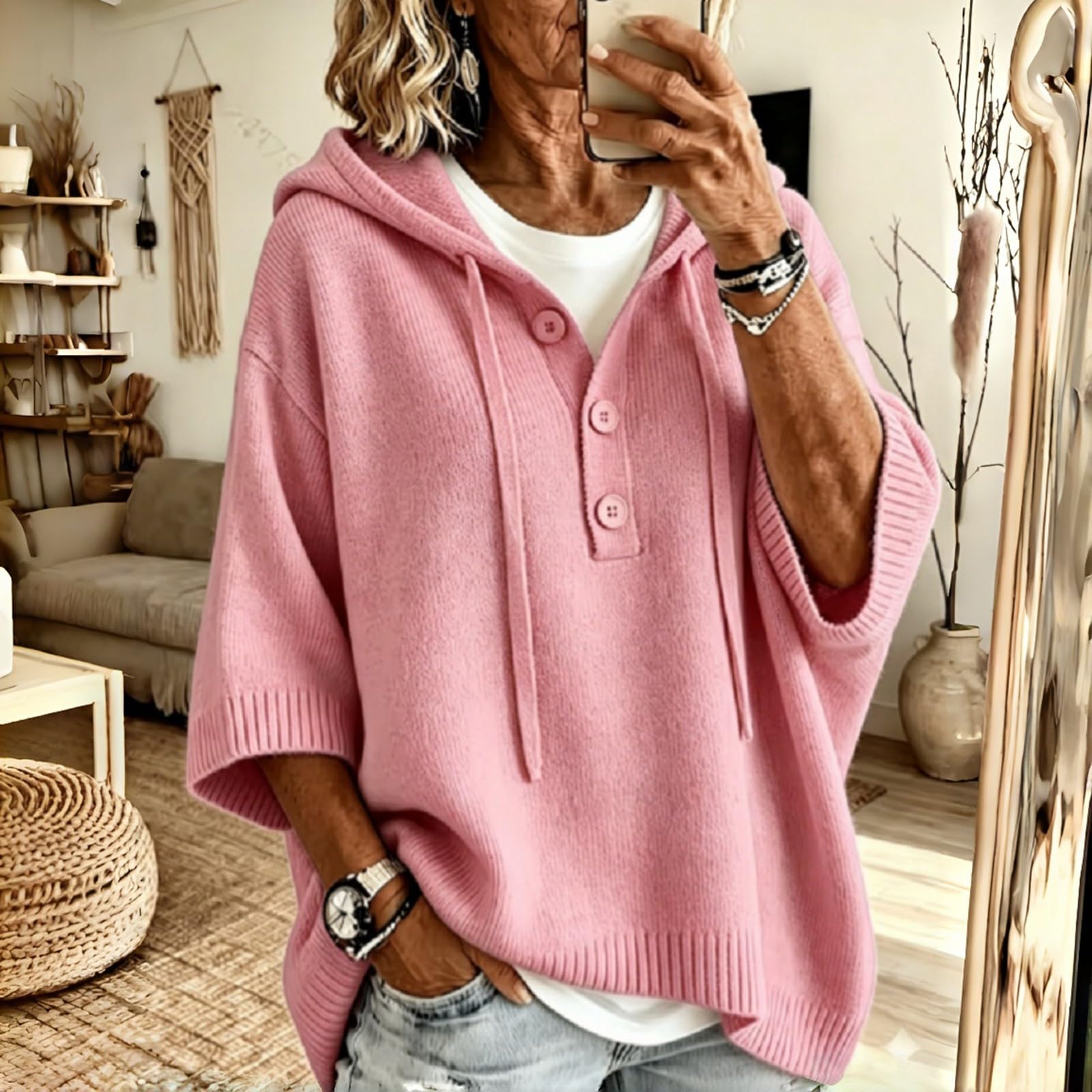 Kapuzen Strickoberteil Damen 3/4 Ärmel Knopfleiste Kordel Kapuze Lässig