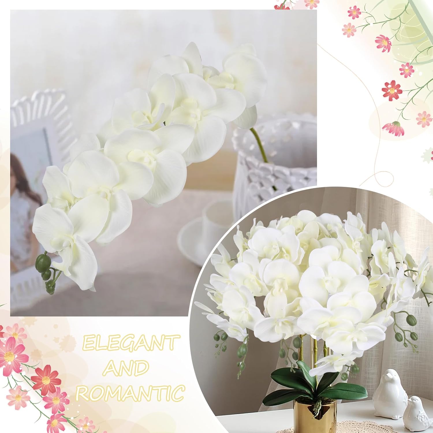 IPOPU 6Pcs White Orchids Artificial Flowers with 9 Large Blooms 37.4" Long Stem Fake Silk Orchid Look Real Flowers for Tall Vase Faux Orchids for Wedding Home Party Dining Table Centerpiece Decoration - Image 2