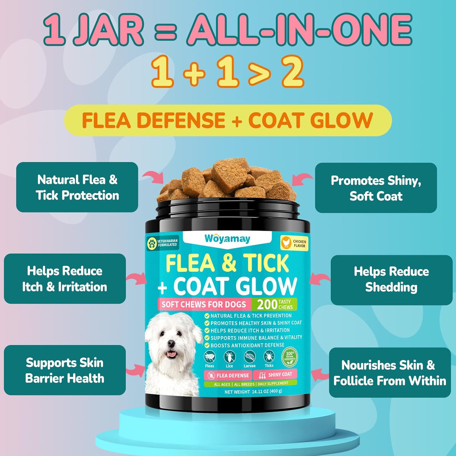 Flea + Coat Glow Soft Chews, Flea and Tick Prevention for Dogs, Dog Flea and Tick Treatment Chewable, Reduces Itch & Shedding with Fish Oil & Neem, 400 Chewables for All Breeds & Sizes