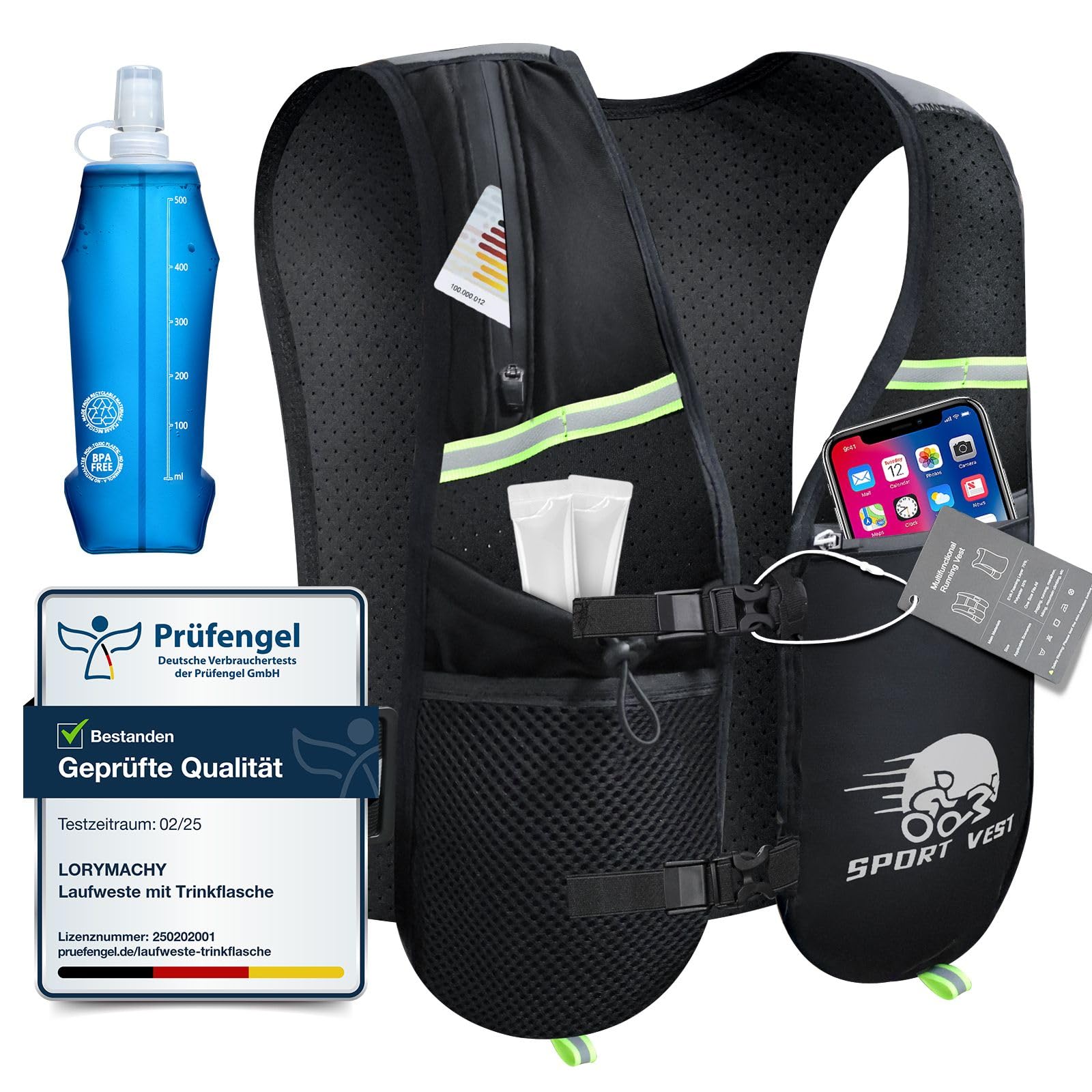 Laufweste Damen Herren - Ultraleicht Running Vest mit 500ml Trinkflasche, 6 Taschen, Atmungsaktiv, Verstellbar, Reflektierende Laufrucksack füR Laufen, Marathon, Wandern, Radfahren