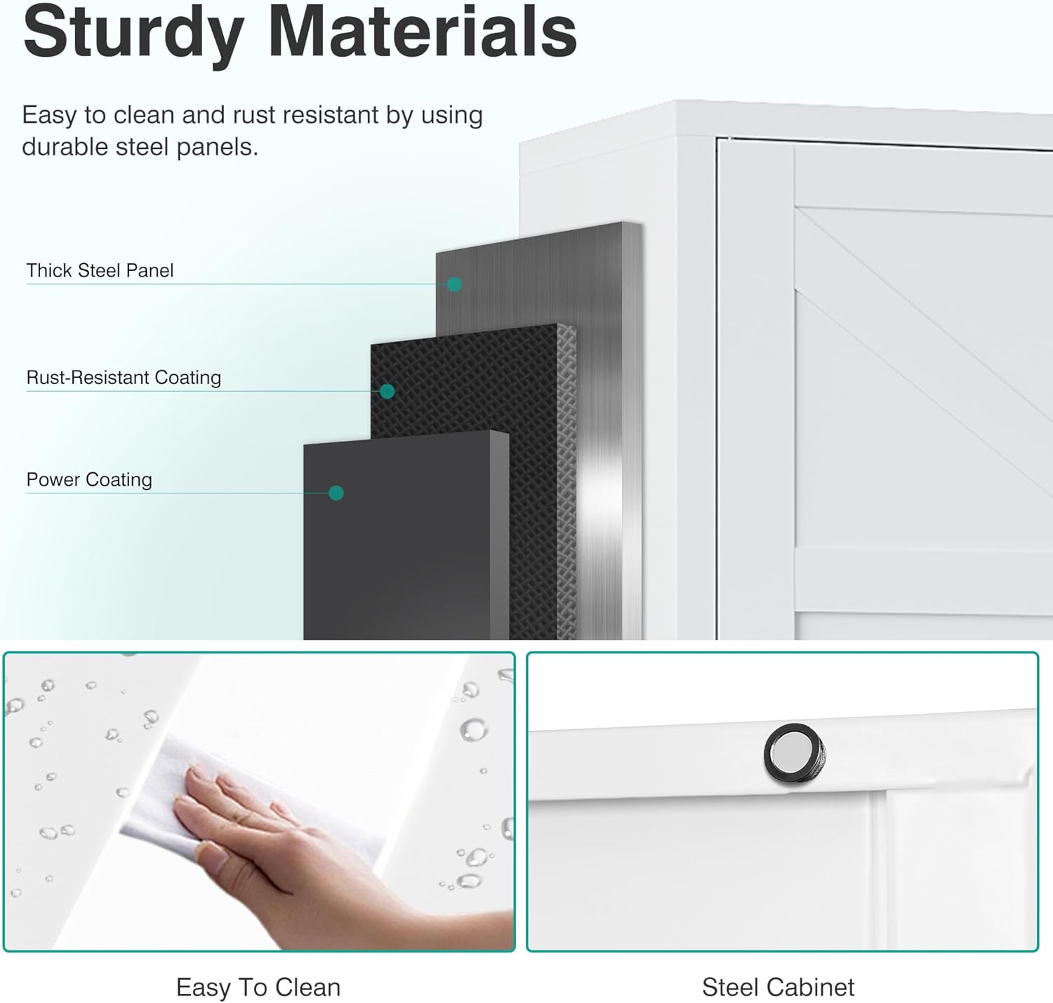 Close-up of the SISESOL White Storage Cabinet's material layers: thick steel panel, rust-resistant coating, and powder coating.