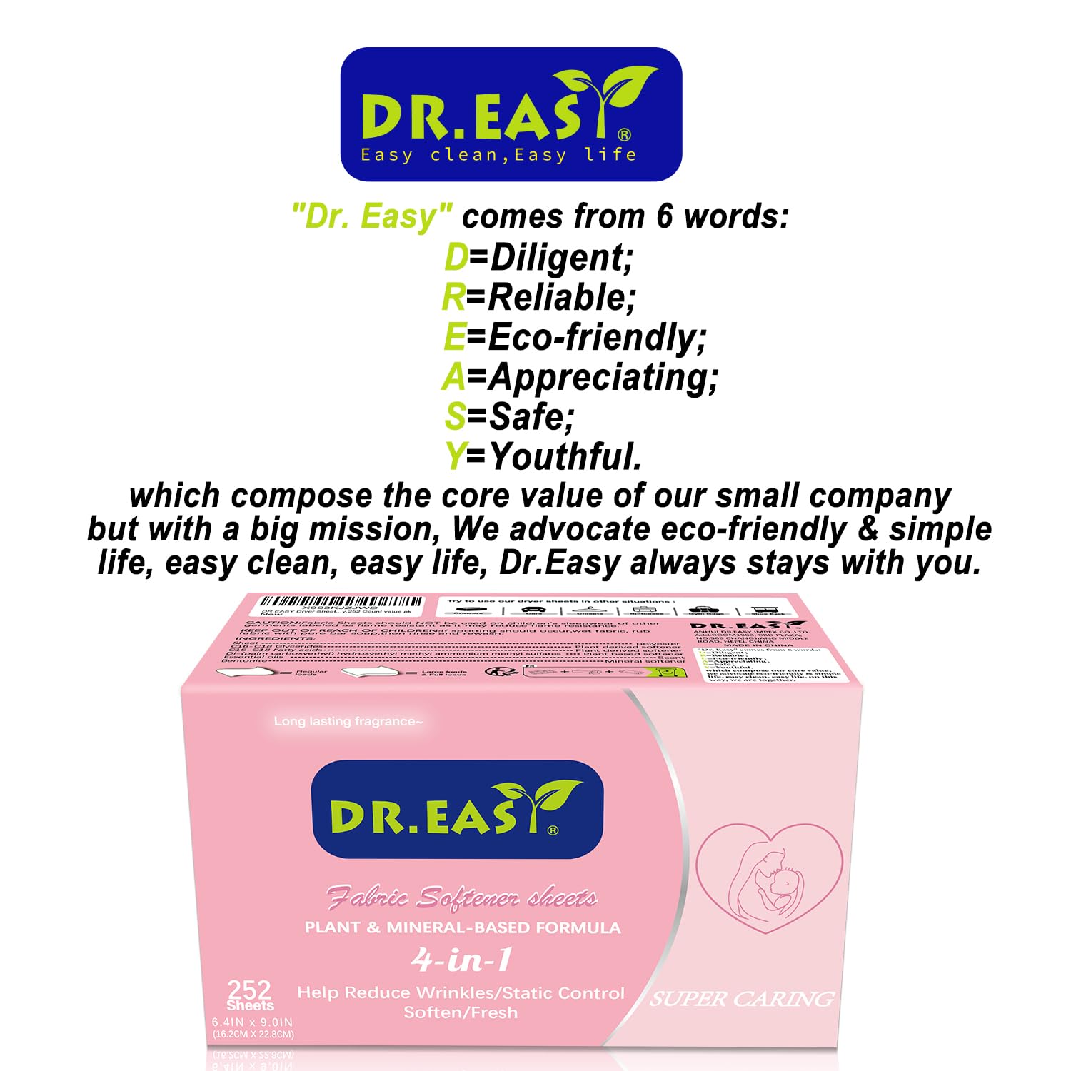 DR.EASY - Hojas de secado con fórmula a base de plantas, 252 unidades, suavizante de tela para lavandería, aceite esencial súper cuidado, perfumado, sin fragancias artificiales, sin colorantes, reduce