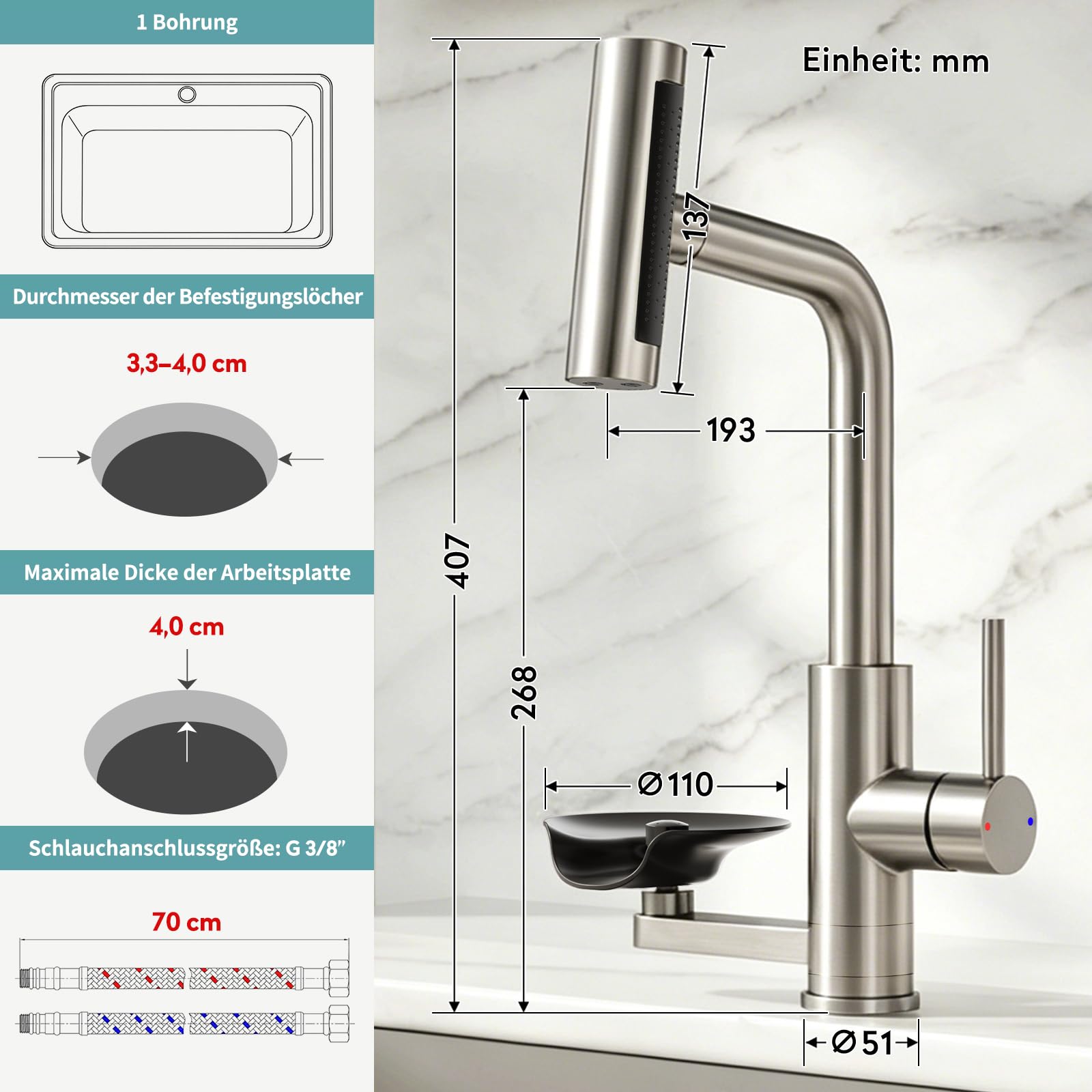 360° drehbarer Wasserhahn Küche ausziehbar mit Brause, wasserfall Mischbatterie Küche mit Gläserspüler, 4 Modi Spültischarmatur mit Glasspüler (Gebürstetes Nickel, Standardausführung)