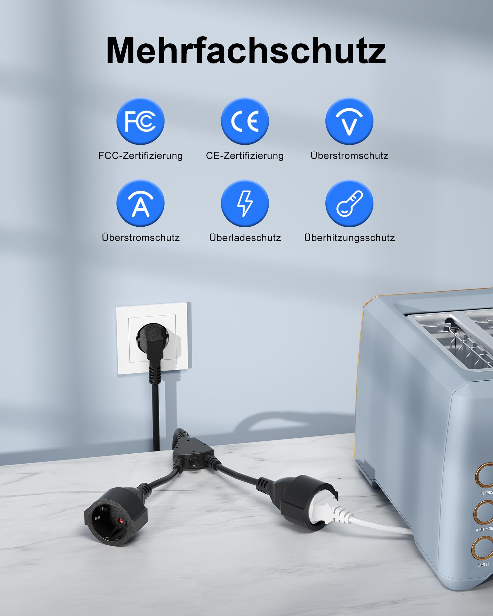 Podwójna wtyczka Schuko, kabel spiralny, 2 gniazda, kabel 1,5 m, rozdzielacz do kuchni, biura, gospodarstwa domowego (AC-2 Plug-TH-DE-Black)