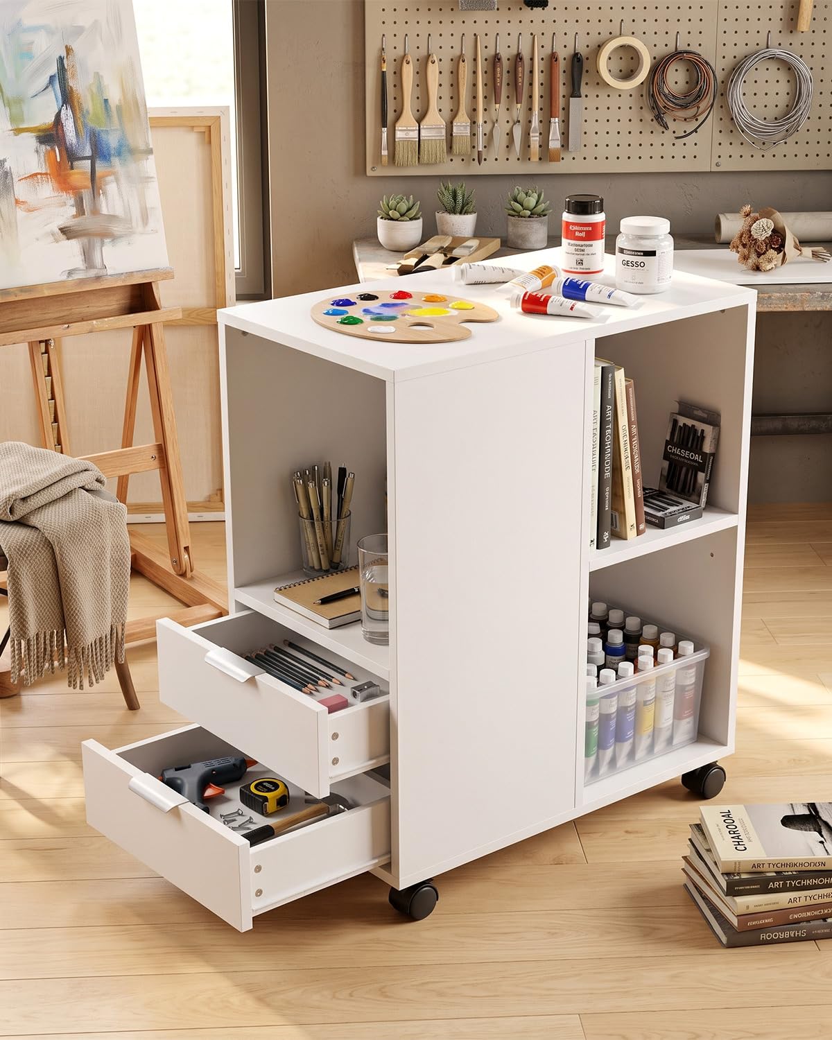 Rollcontainer Aktenschrank, Büro Schubladenschrank Untertisch, Weiß