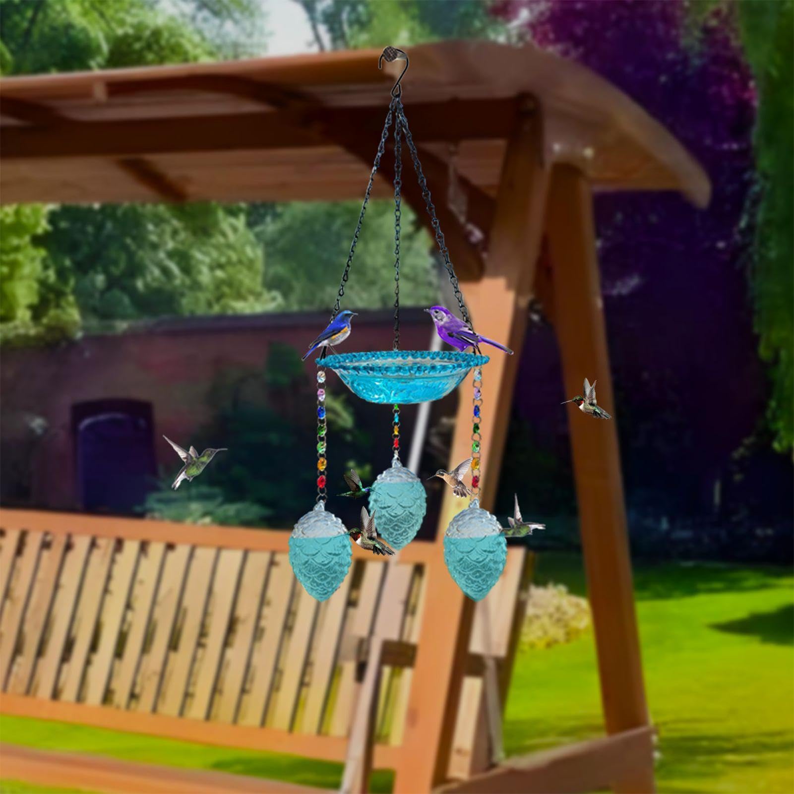 Baño de Pájaros de Exterior con Gancho y Tazón de Agua de Vidrio | Alimentador De Colibríes Para Exterior Para Jardín Exterior Terraza Balcón Porche Césped Patio
