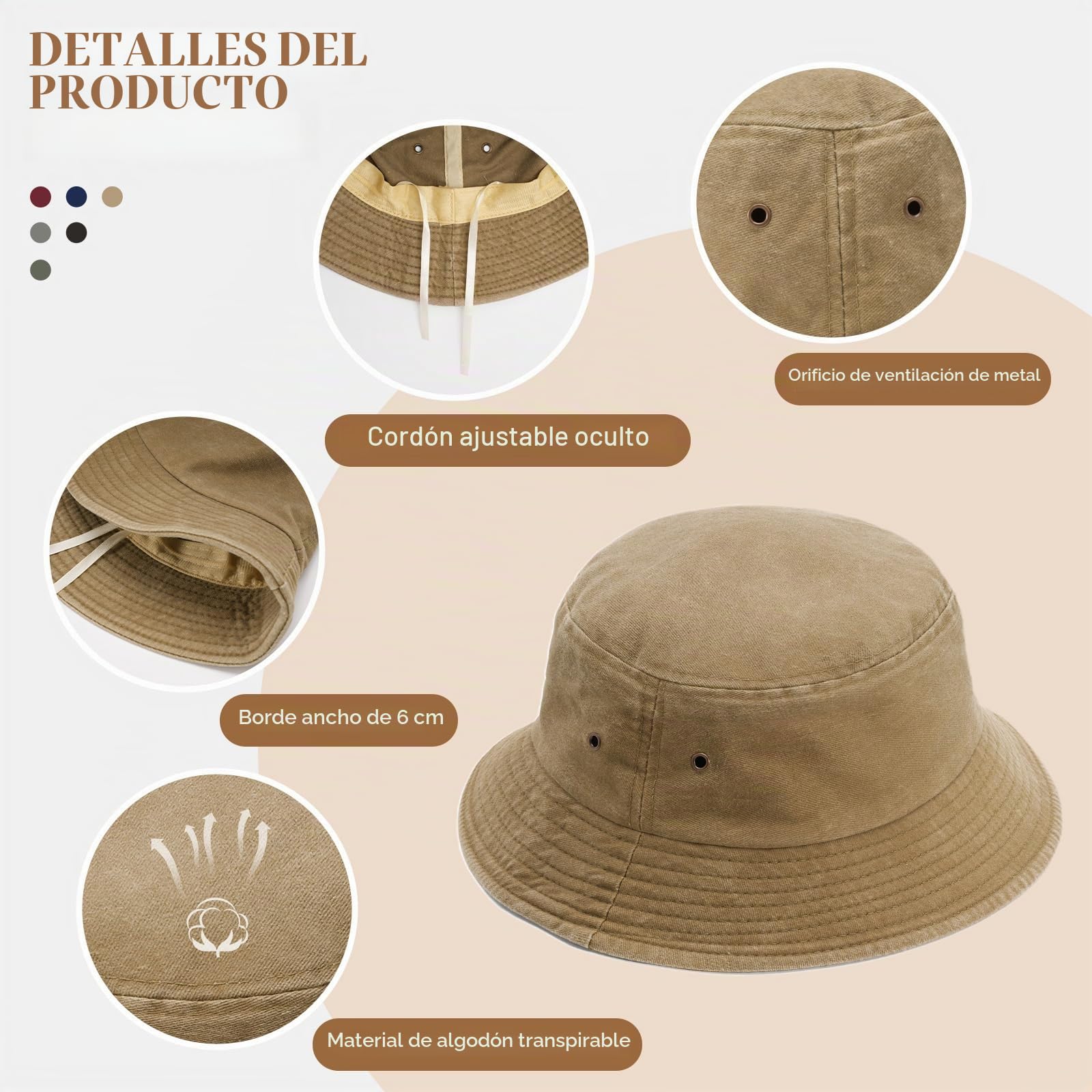 Voqeen Sombrero Mujer Verano Gorro de Pescador Playa Algodón Sombreros para el Sol Protección UV con ala Ancha Plegable Vintage Bucket Hat Unisex para Viaje Senderismo