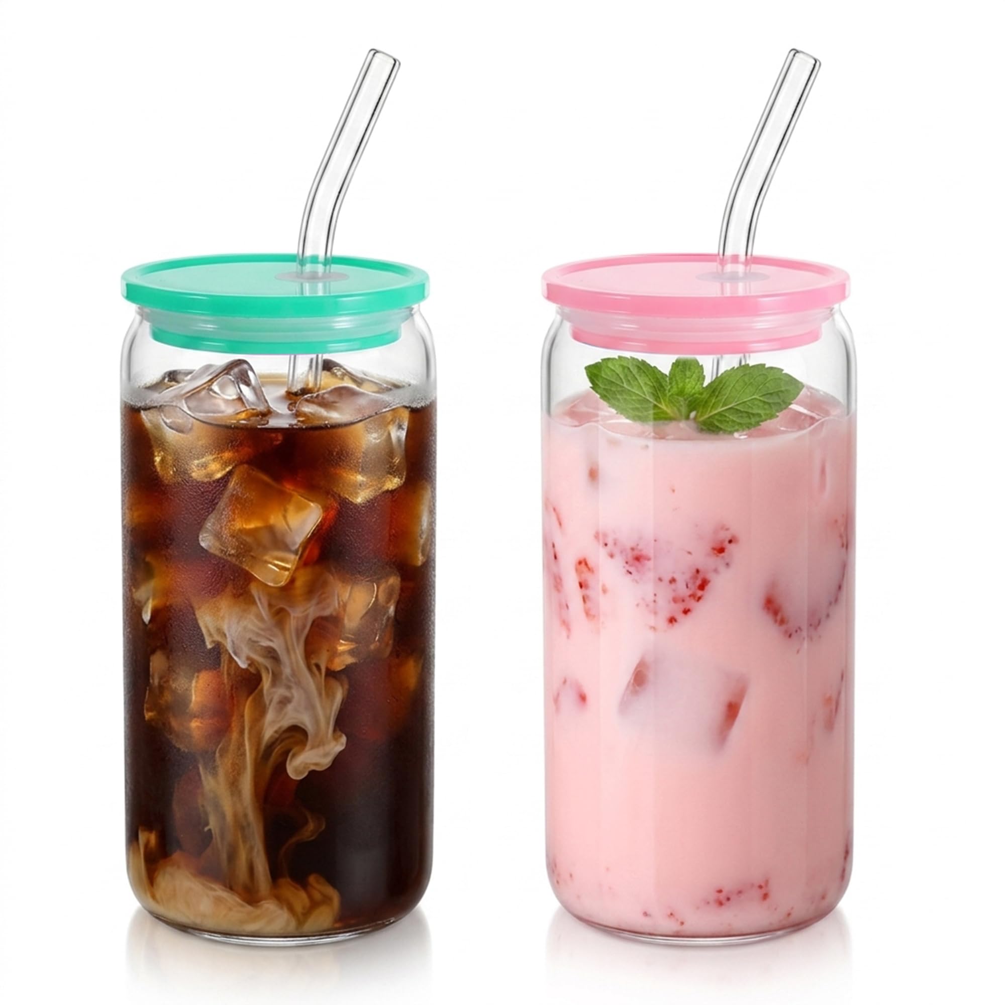 Bayseun Glass Tumbler with Lids, 2 Pack 500ml Reusable Cup with Straw for Iced Coffee & Smoothies, Dishwasher Safe, Drinking Glass for Home, Office, Travel (Acrylic Lids - Pink Green)