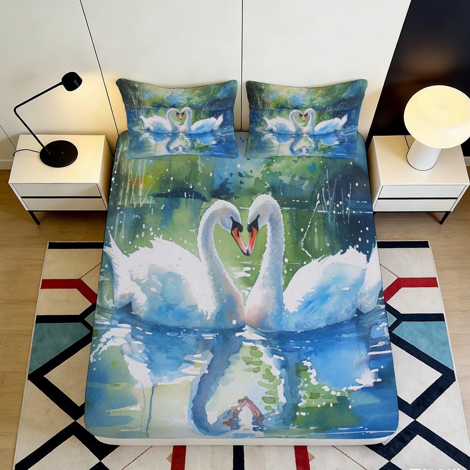 3D Printed Swan Lake Fitted Sheet Microfiber Water Reflection Mattress Cover for Bedroom Dorm Easy Care Decor 90x200x25cm
