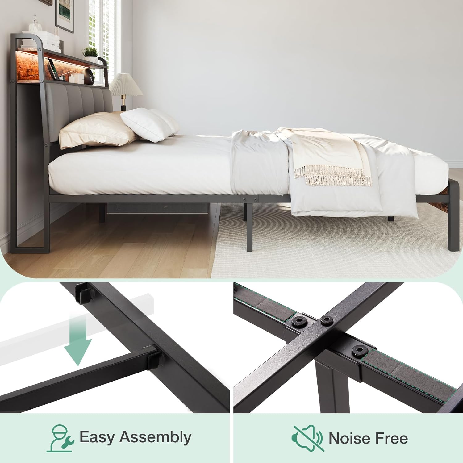 Novilla Queen Size Bed Frame With Headboard, Metal Frame With Lights & Charging, 12 Inches Storage Space, Heavy Duty Steel Slat Support, No Box Spring Needed