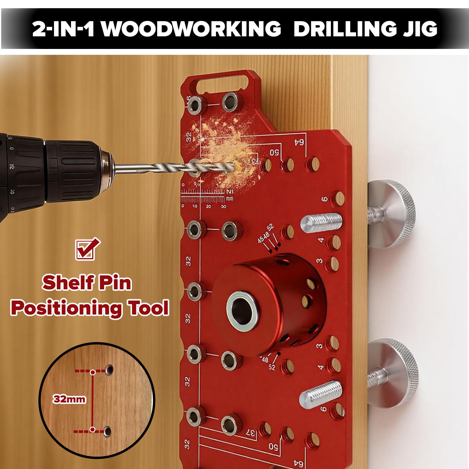 2 in 1 Bohrschablone, 35mm Scharniervorrichtung, Lochreihenschablone für Regalstifte, inkl. 5mm und 1/4 Zoll Bohrer, Präzises DIY Holzbearbeitungswerkzeug für Möbelbau