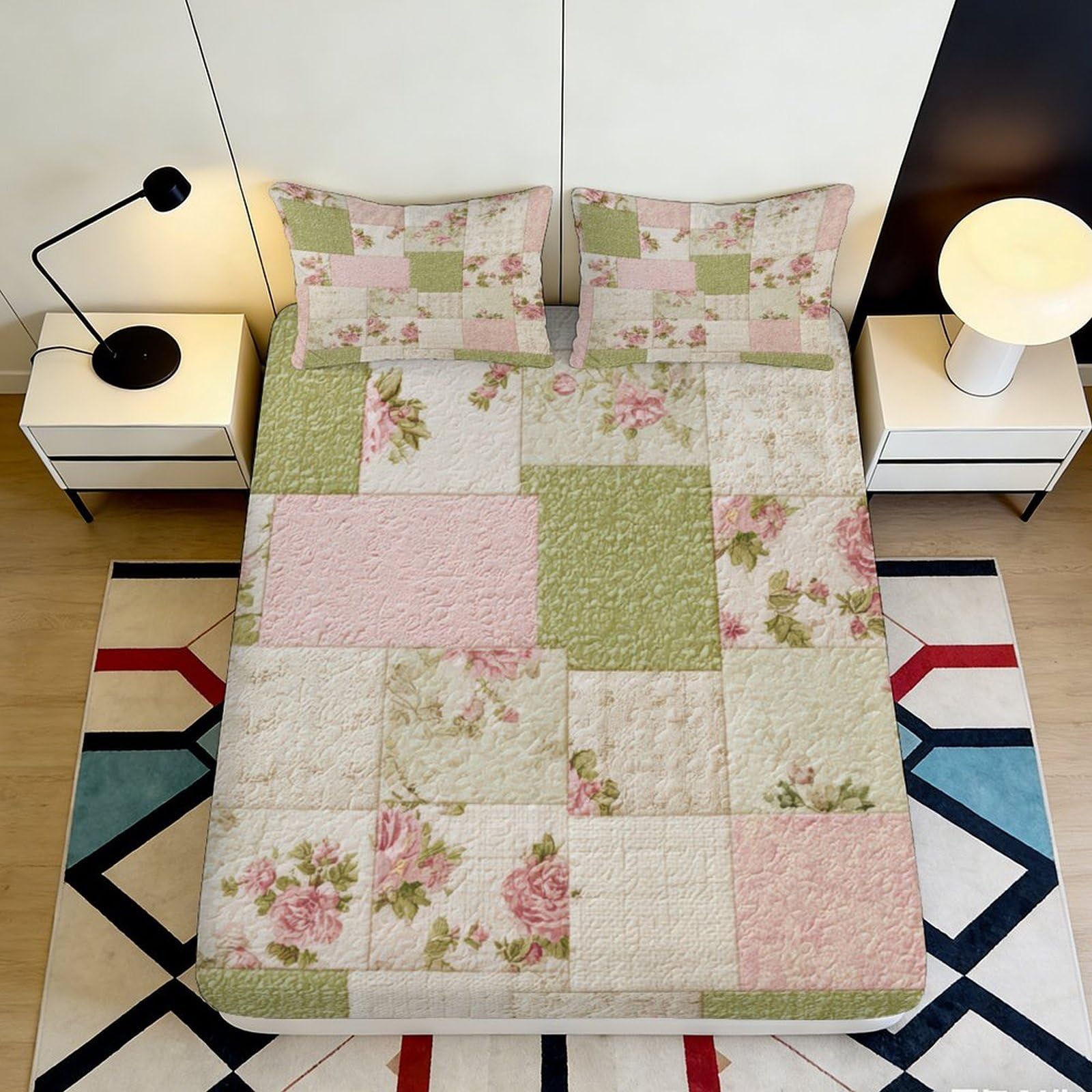 Uynsixtme Style-2 3D Printed Patchwork Floral Fitted Sheet Microfiber Deep Pocket Bedroom Bedding Patchwork Floral Mattress Fitted Cover Elastic Washable 200X200x25cm