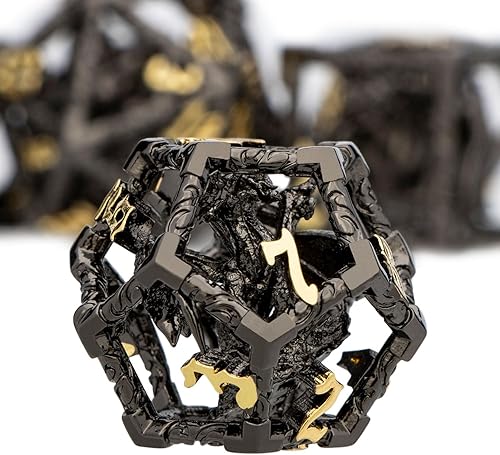 Miniatura 2 de ARUOHHA Juego de dados huecos DND de oro negro de 5 cabezas de dragones D y D con caja de regalo, juegos de rol RPG, 7 piezas de dados poliédricos