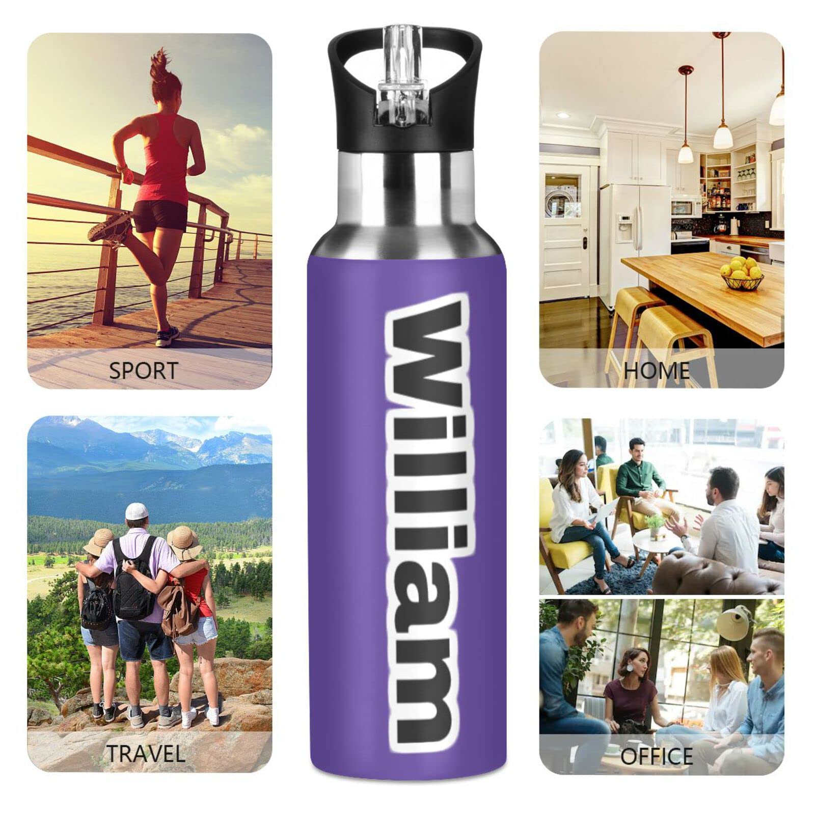 Isolierflasche mit Griff, 900 ml, Dunkelviolett, auslaufsicher, mit Strohhalm-Deckel, Thermoflasche für Wandern, Radfahren, BAP-frei