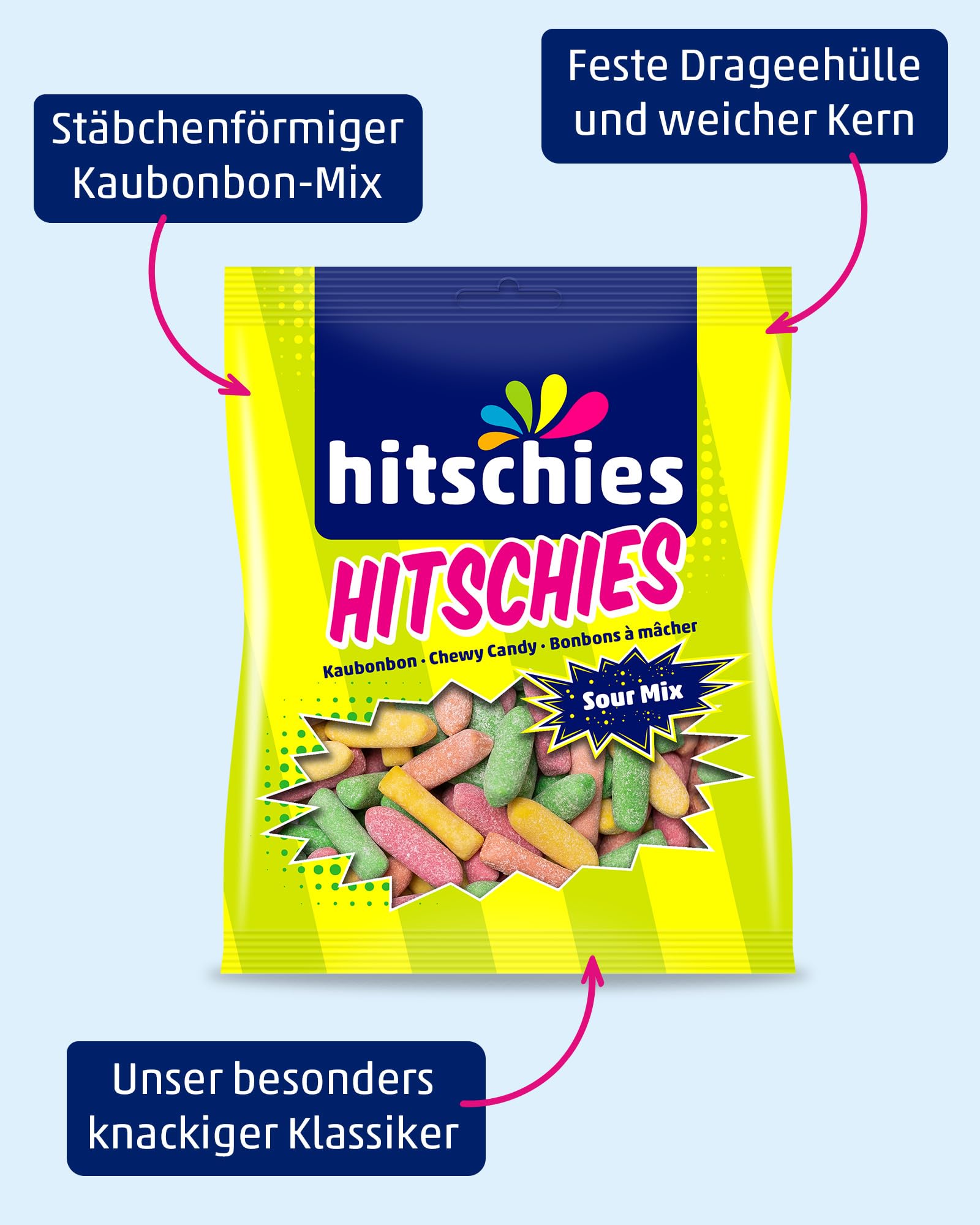 Hitschies Sour Mix - Fruchtig-saure & knackige Kaubonbons mit softem Kern - Erdbeere, Apfel, Aprikose & Zitrone - Glutenfrei & Halal - 16 x 140g
