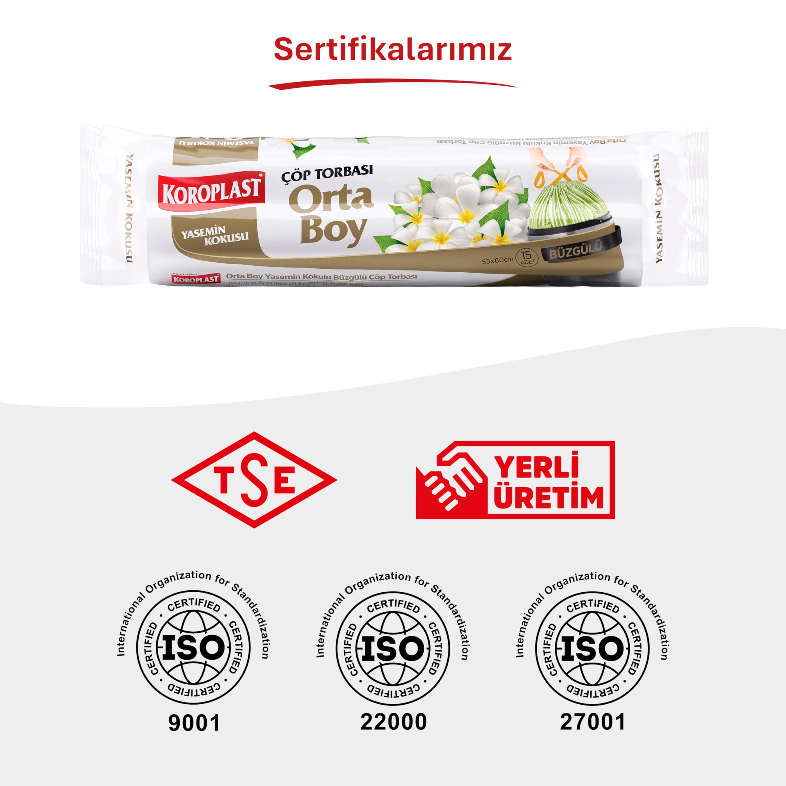 Koroplast Yasemin Kokulu Orta Boy Büzgülü Çöp Poşeti 15'li 55x57 cm, Kolay Bağlanır Kokulu Büzgülü Orta Boy Çöp Torbası, Sızdırmaz, Yırtılmaz, Geri Dönüştürülebilir Atık Torbası, Güçlü Çöp Poşeti