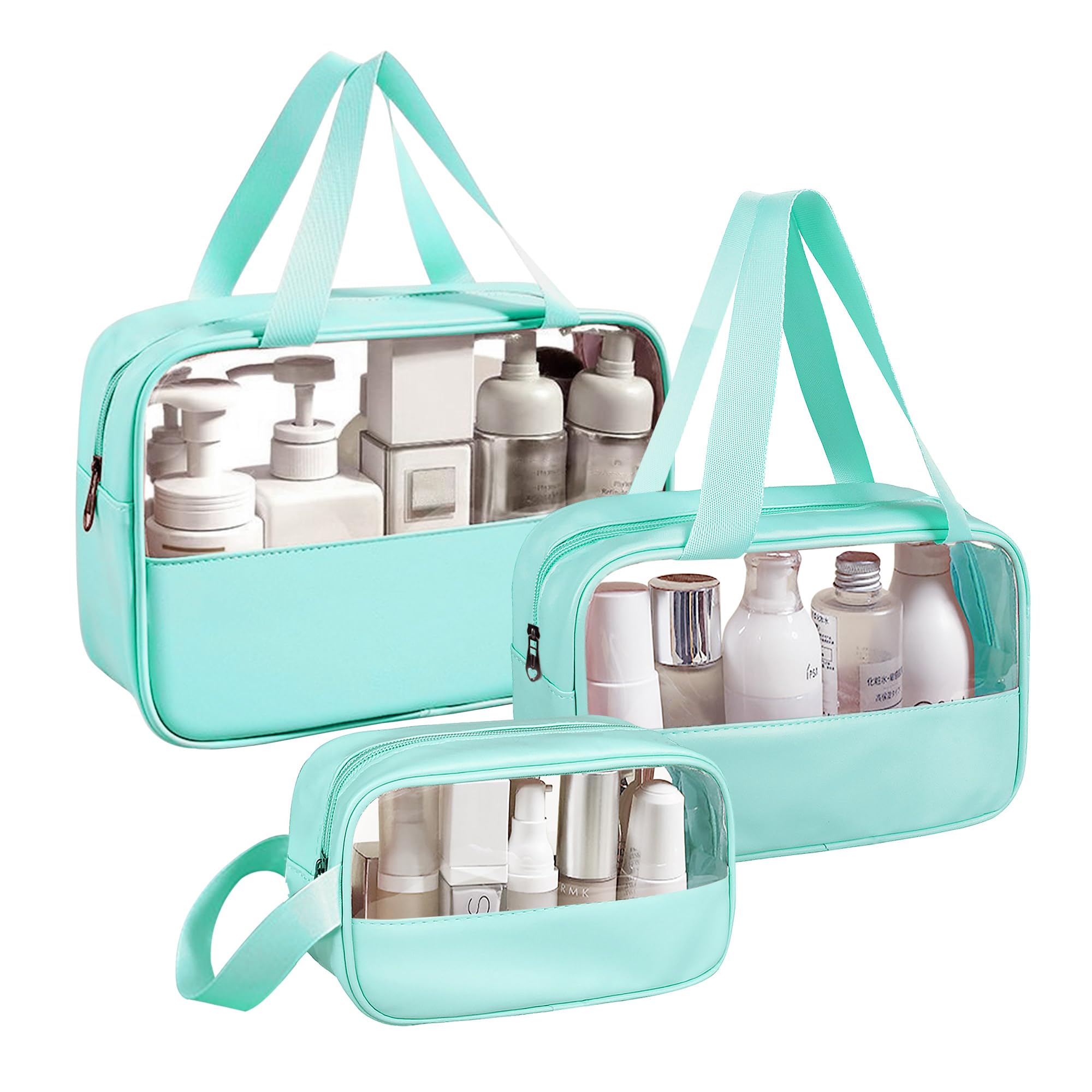 Ebbniur Clear Makeup Bag, 3 Pcs of Cosmetic Bags Set, Transparent PVC Travel Makeup Pouch, Waterproof Cute Toiletry Bag for Women (Mint Green)
