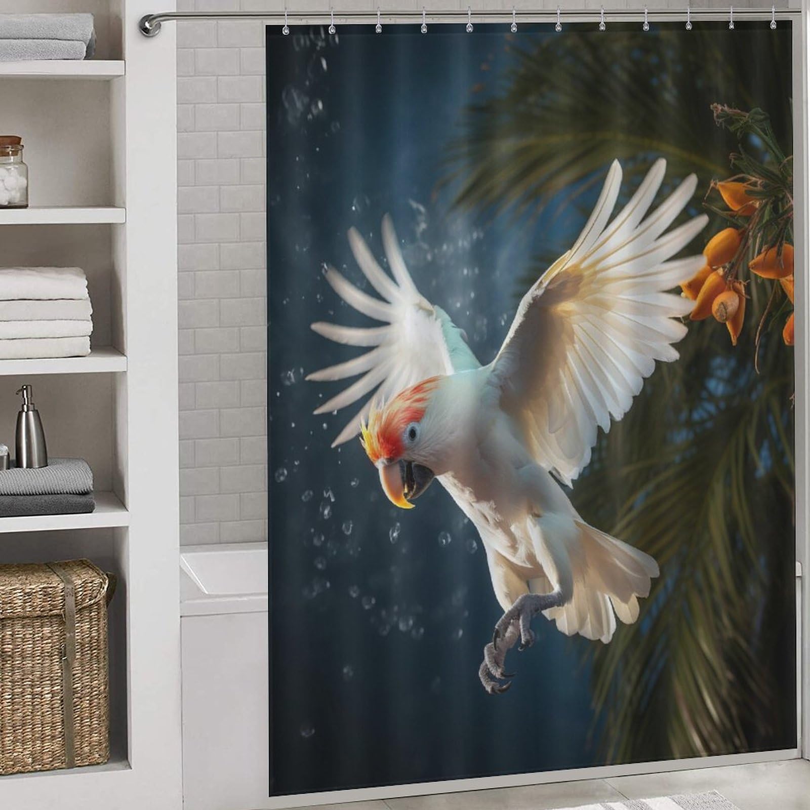 Rideau de douche perroquet imperméable pour éviter l'eau au sol en tissu polyester