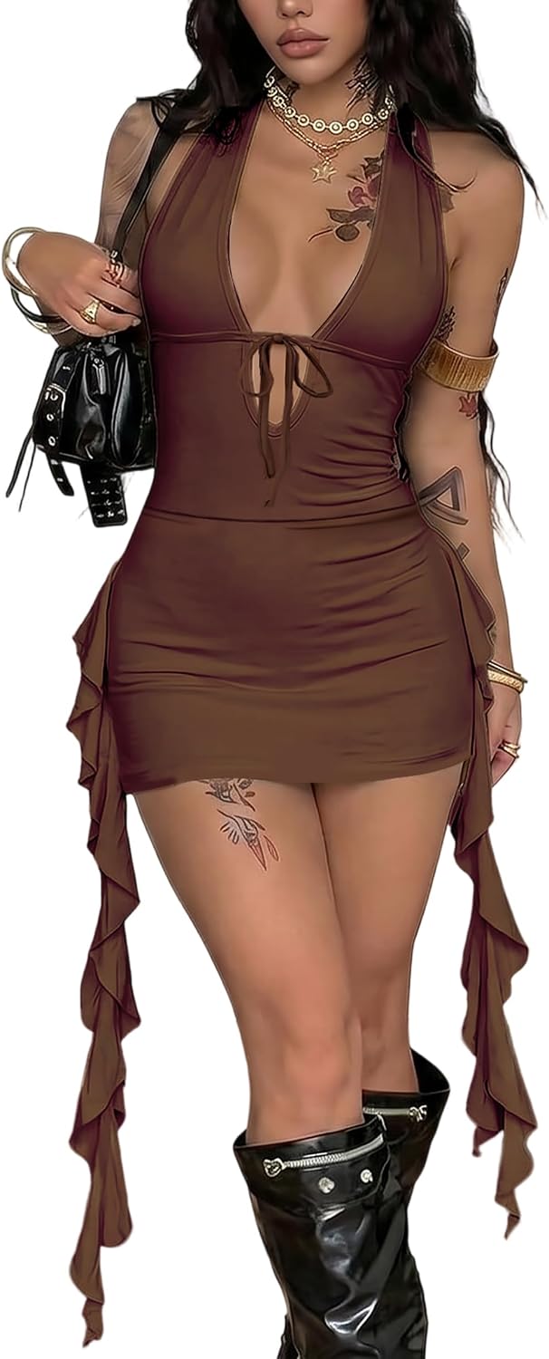 Ryehack Women Sexy Halter Bodycon Mini Dress Y2k Deep V Neck Backless Ruffle Fringe Summer Club Party Outfits for Going Out