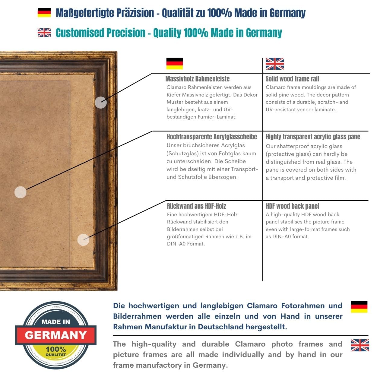 CLAMARO Genua Bilderrahmen Antik Massivholz, 76 mm, Braun Gold, 100x140 cm | aus Fichtenholz, handgefertigt in Wunschmaß, inkl. Acrylglas, HDF-Rückwand und Metall-Aufhänger, für Hoch- und Querformat