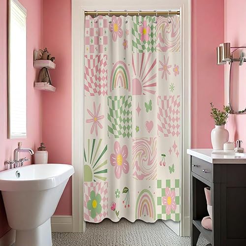 Miniatura 21 de Bonita cortina de ducha rosa Y2k Preppy Kawaii para niñas, decoración de baño a cuadros, tela impermeable con ganchos, 70 pulgadas de ancho x 72