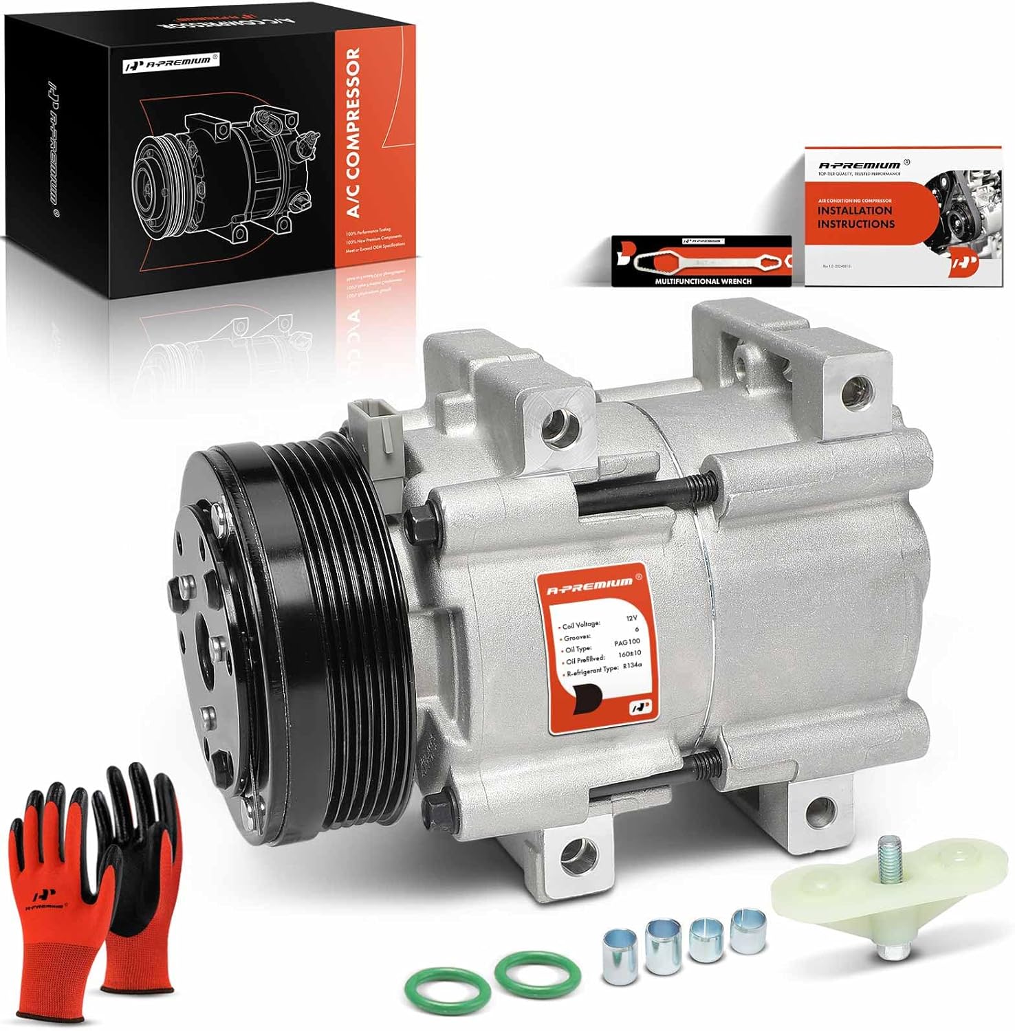 A-Premium AC Compressor with Clutch Compatible with Ford Explorer 1996-2001, Mustang, Aerostar, Thunderbird & Mercury Cougar, Mountaineer, FS10 Style, 6 Grooves