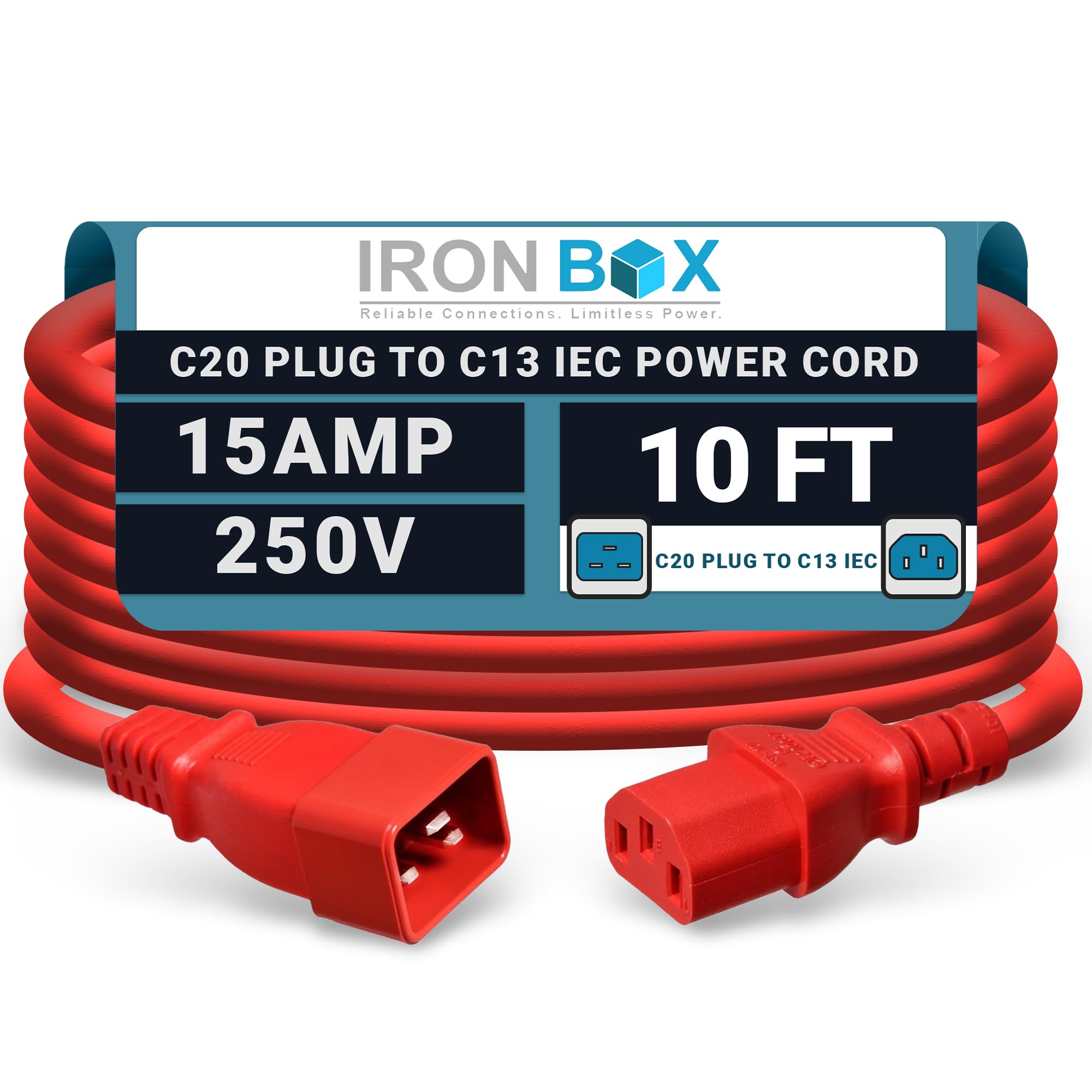 IronBox Electric C20 Plug to C13 IEC Connector Power Cord - 15A/250V, 14/3 AWG SJT - Heavy Duty Power Cable - Extension Cable - UL Listed Jumper Cord for Computer, Monitor & More (10ft, Red)