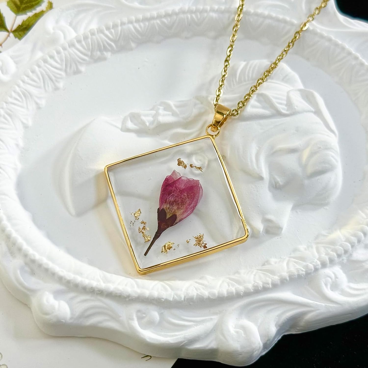 Birth Flower Necklaces For Women - Month Flower Necklace - Handmade Pressed Flower Necklace - Unique Holiday Gift - Square Necklace Gold 18" - Image 4