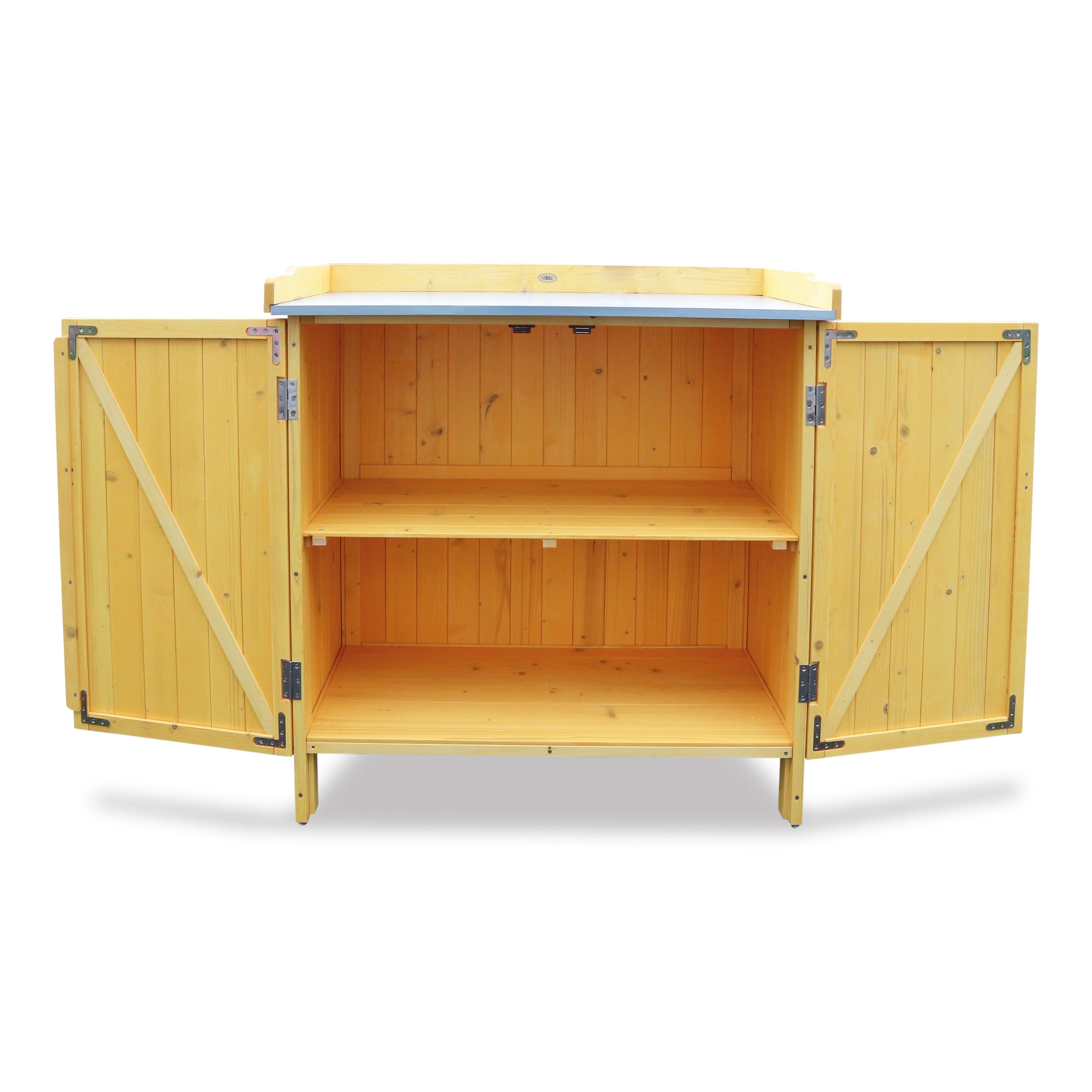 HABAU Gartenschrank Lino mit Arbeitsplatte aus Metall, Maisgelb | wetterfest lasiert aus FSC®-zertifiziertem Holz, 98 x 48 x 95 cm, ideal für Garten, Terrasse und Balkon
