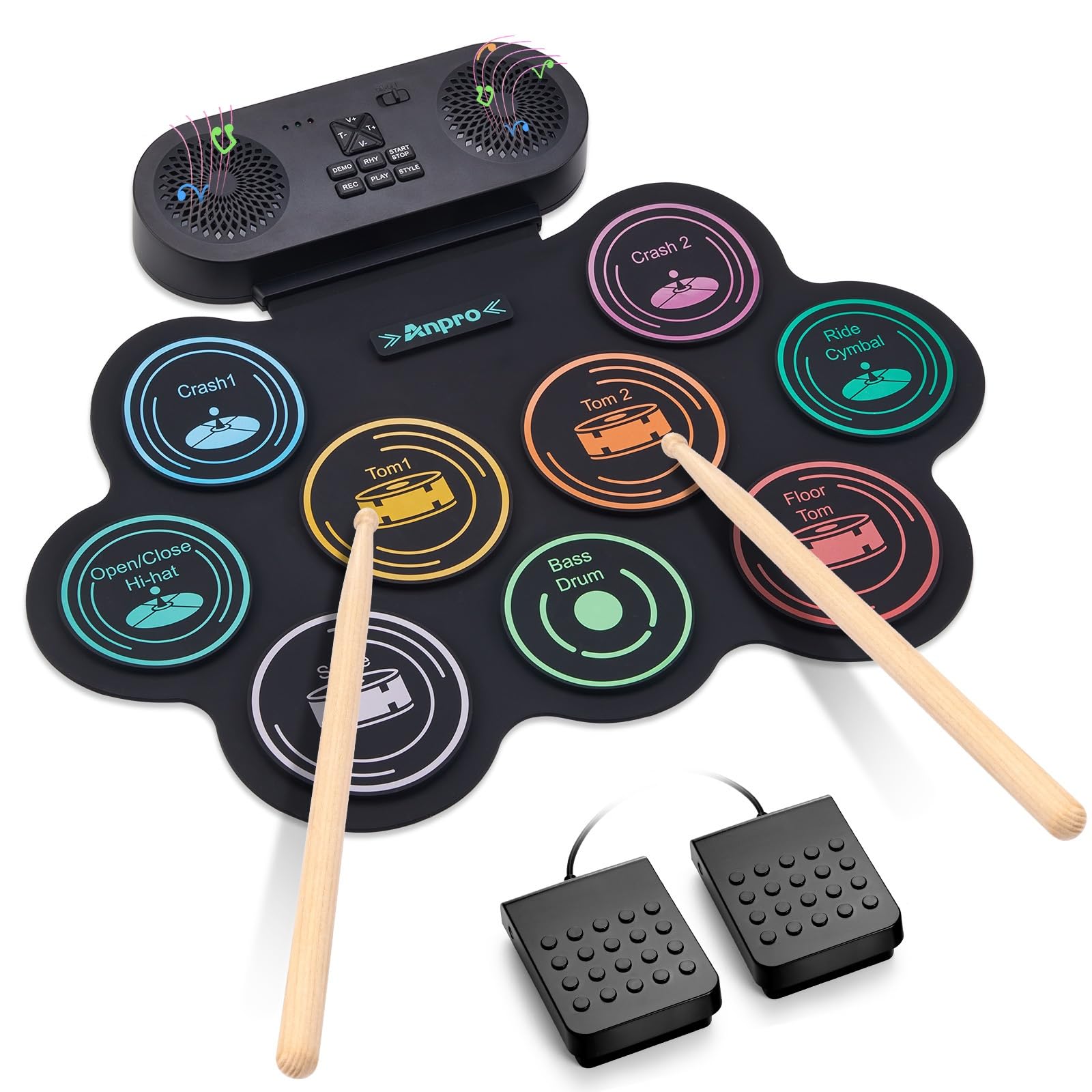 Juego de batería eléctrica, 9 almohadillas de batería con altavoces estéreo duales, kit de batería electrónica enrollable con pedales de tambor, soporte para auriculares/Bluetooth/MIDI, regalo