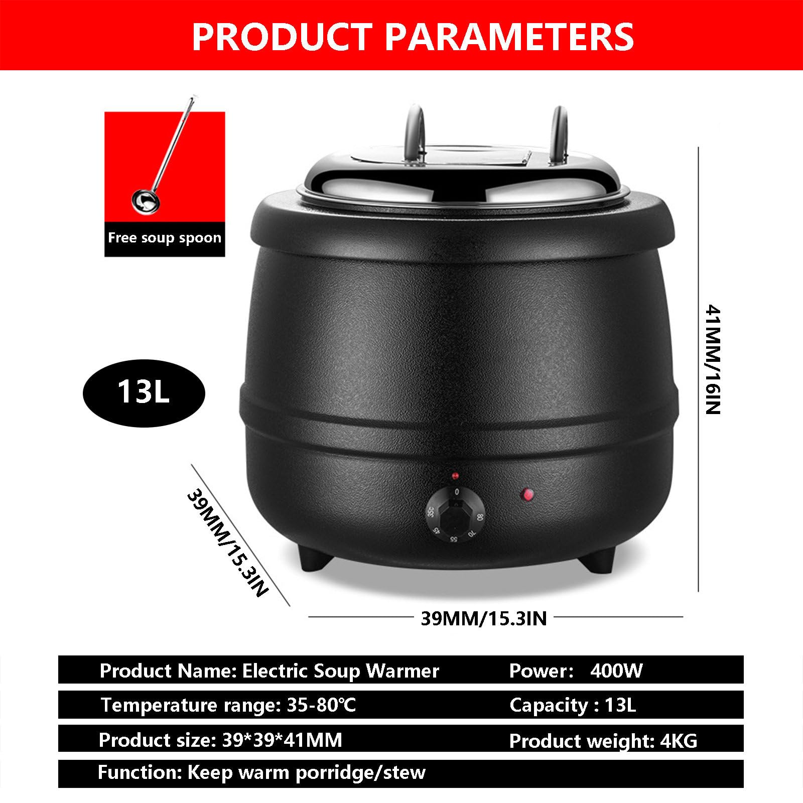 Bollitore Elettrico da Banco, Scaldavivande, Scaldavivande, capacità 13l per Mantenere Caldo Porridge, Acqua Zuccherata, Riso, con 1 Cucchiaio da Zuppa E 3 Ciotole - Nero, Bianco,Black